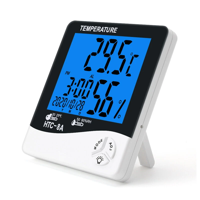 HTC8A Digital LCD Thermometer Hygrometer Large Display Indoor Temperature Humidity Monitor with Alarm Clock Calendar Backlight Max Min Memory Celsius Fahrenheit Home Office Room Desktop Wall Mount — view 7