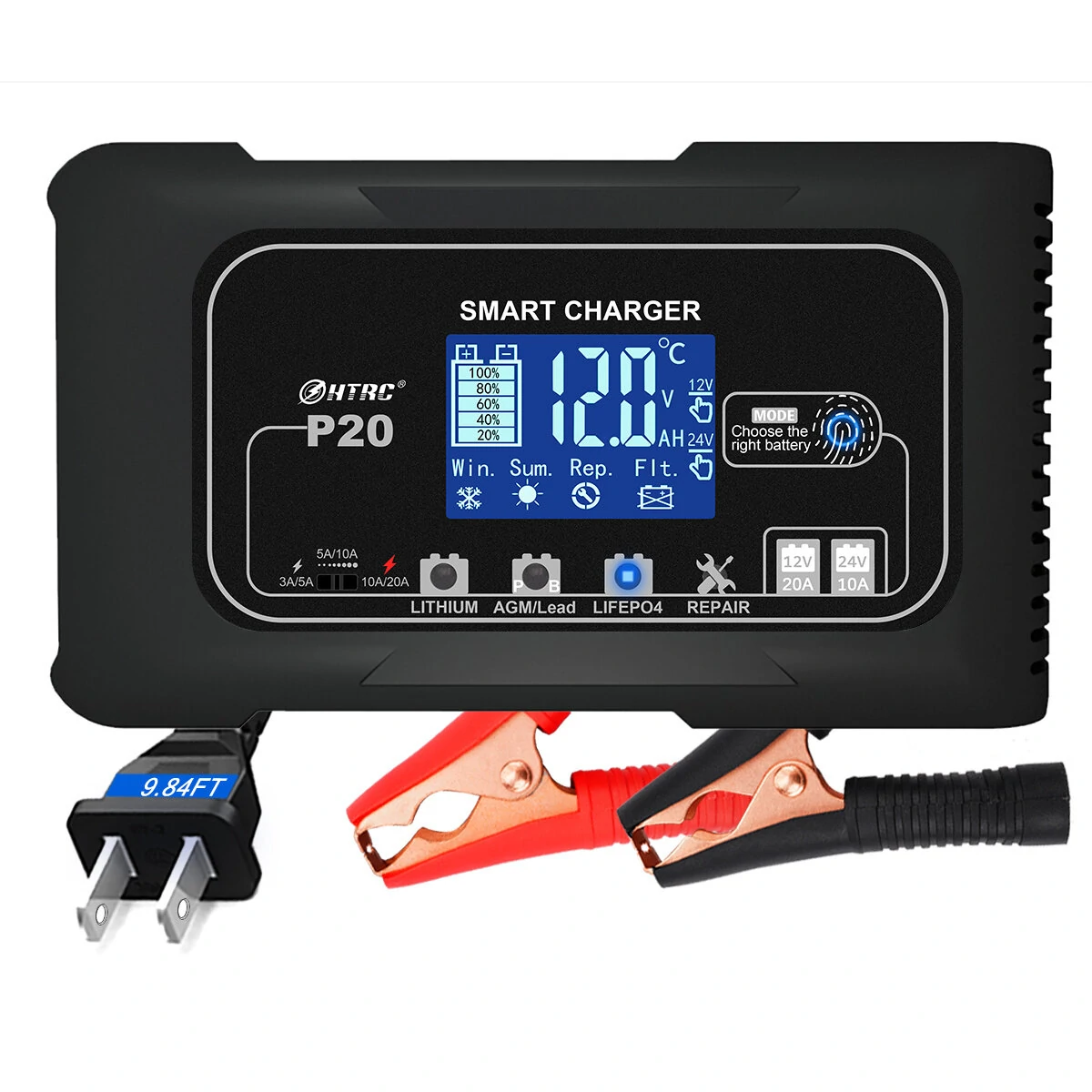 HTRC 20A P20 12V-24V Smart Battery Charger For Car Motorcycle Battery Repair Charging For Auto Moto Lead Acid AGM Lithium LiFePo4 Batteries — HTRC