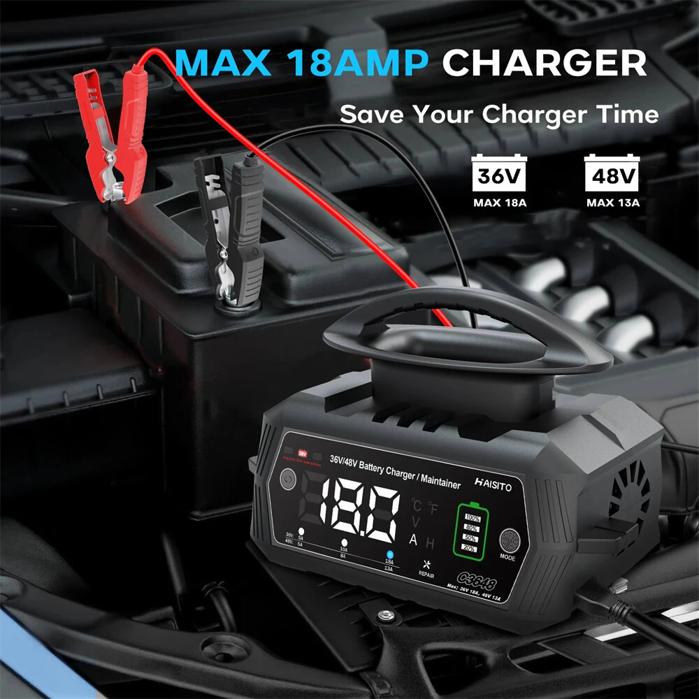 HTRC 36V 48V Car Battery Charger for Golf Cart 13A 18A for Lithium LiFePO4 Lead-acid Batteries 9-Stage Automatic Battery Charger C3648 — view 2