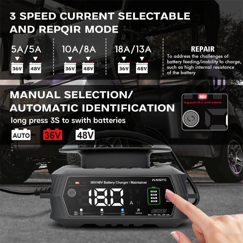 HTRC 36V 48V Car Battery Charger for Golf Cart 13A 18A for Lithium LiFePO4 Lead-acid Batteries 9-Stage Automatic Battery Charger C3648 — view 4