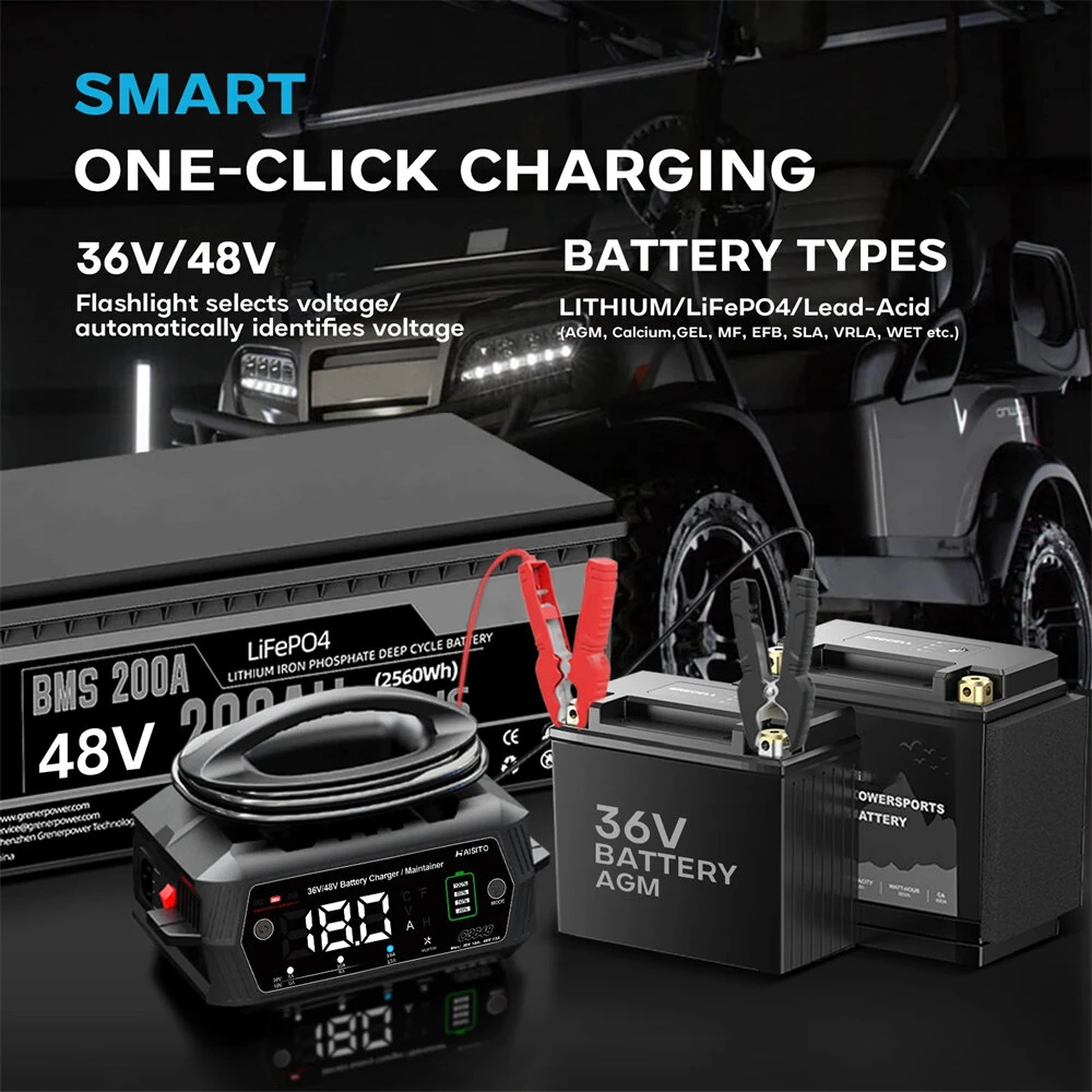 HTRC 36V 48V Car Battery Charger for Golf Cart 13A 18A for Lithium LiFePO4 Lead-acid Batteries 9-Stage Automatic Battery Charger C3648 — view 5