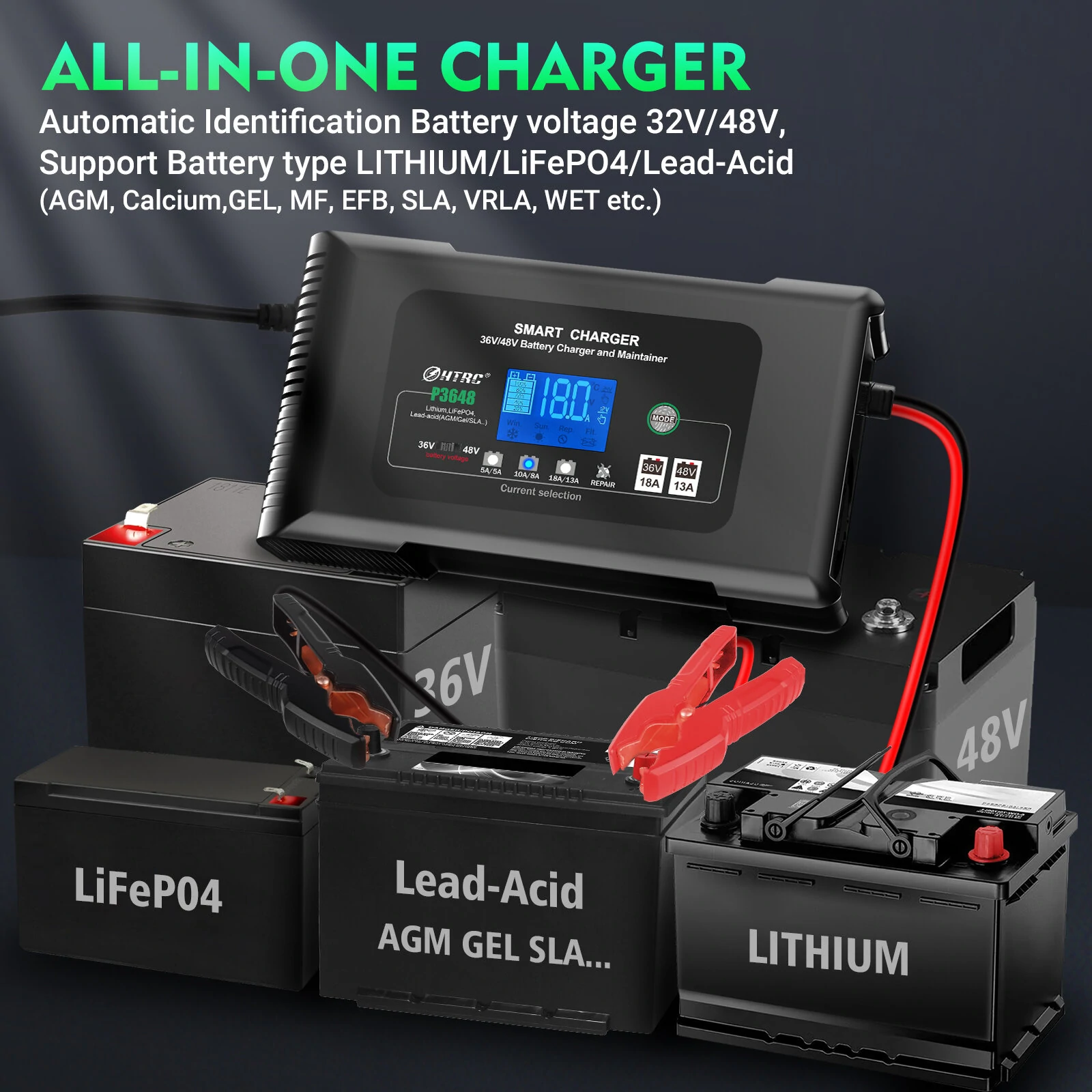 HTRC 36V/18A 48V/13A Car Battery Charger for Golf Cart EZGO TXT Club AGM LiFePO4 PB Lithium Lead Acid Battery Repair EU Plug — view 3