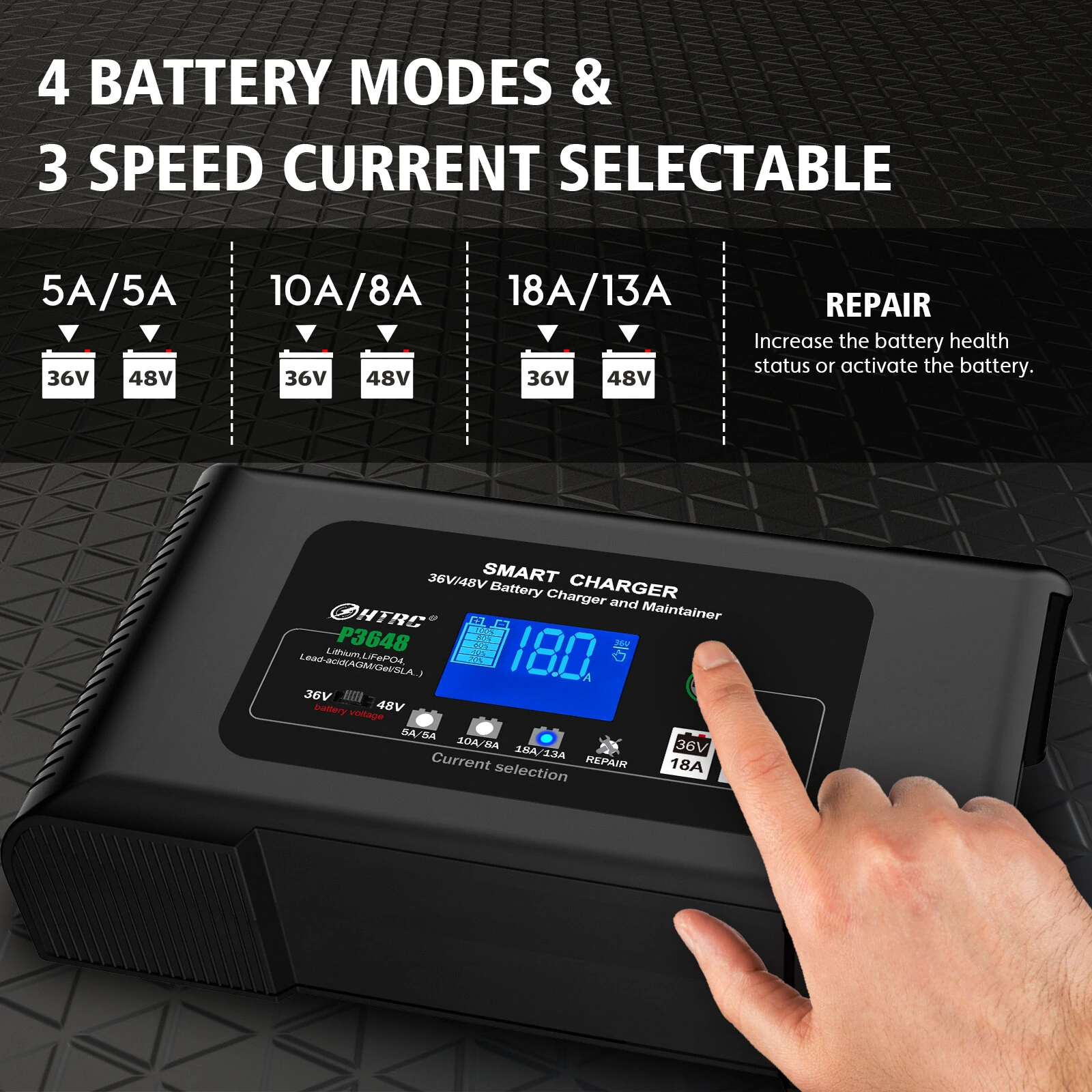 HTRC 36V/18A 48V/13A Car Battery Charger for Golf Cart EZGO TXT Club AGM LiFePO4 PB Lithium Lead Acid Battery Repair EU Plug — view 4