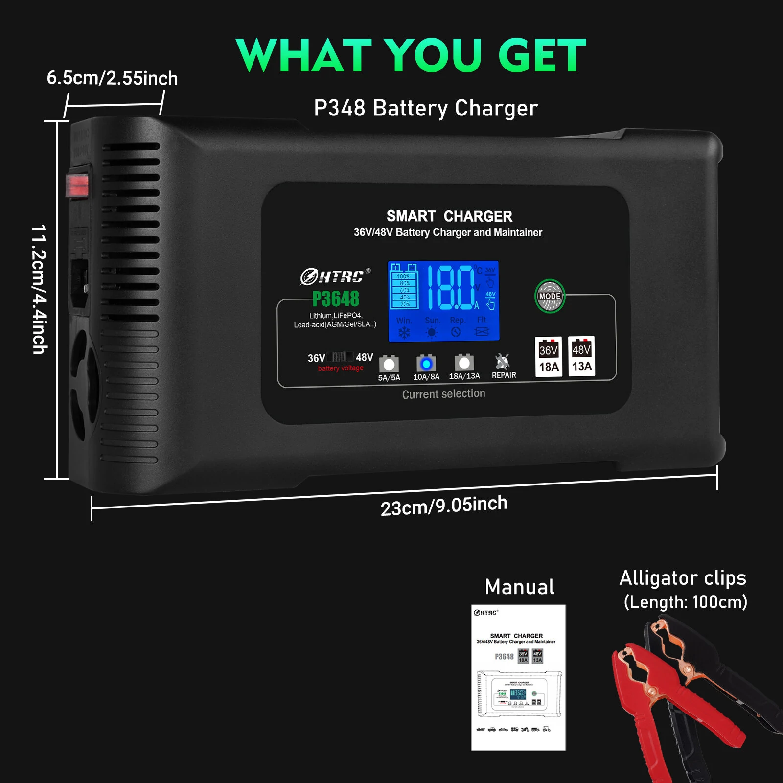 HTRC 36V/18A 48V/13A Car Battery Charger for Golf Cart EZGO TXT Club AGM LiFePO4 PB Lithium Lead Acid Battery Repair EU Plug — view 9