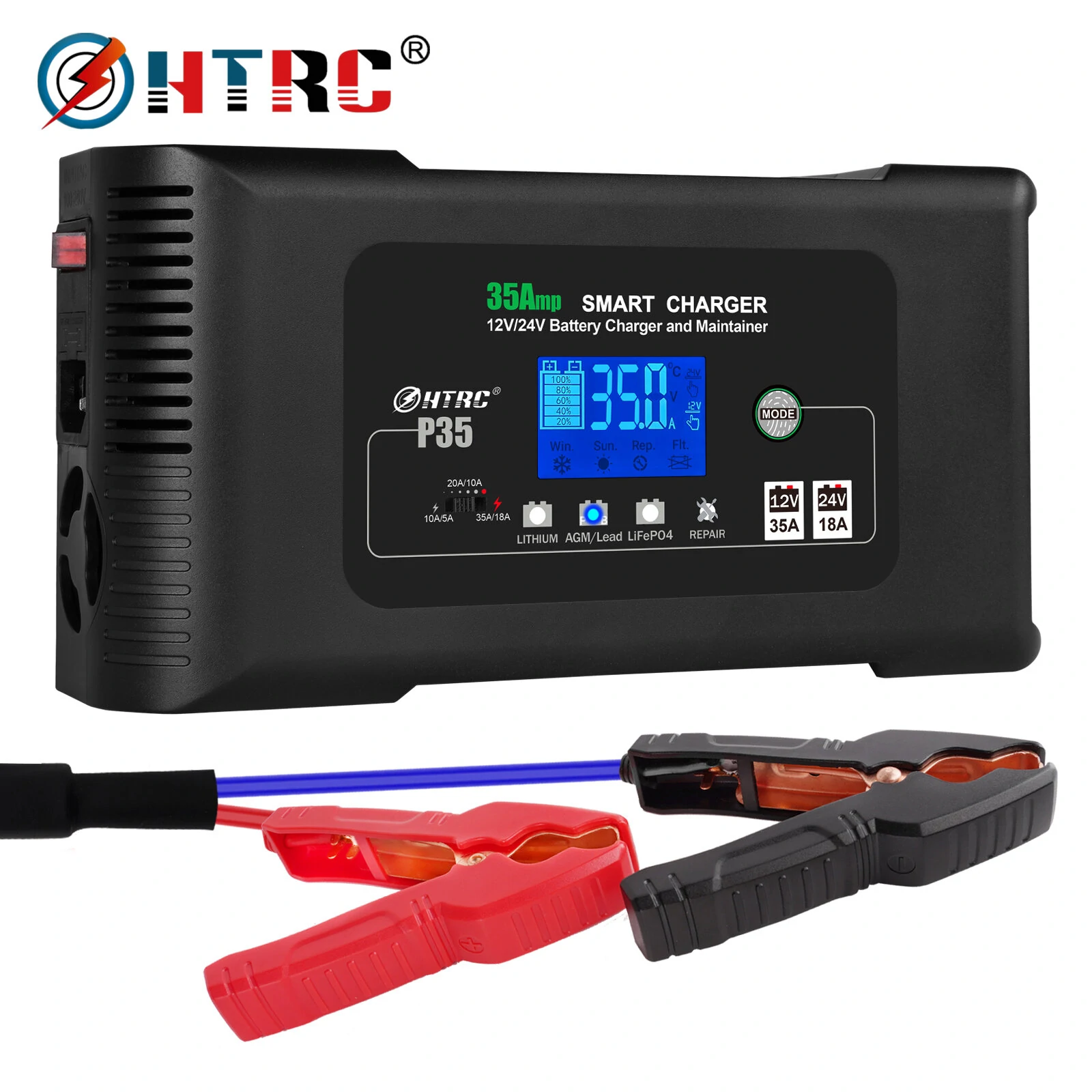HTRC Large Power 35A 12V 24V Car Battery Charger for Moto Truck Motorcycle AGM Lead Acid PB GEL LCD Display Smart Charging — view 2