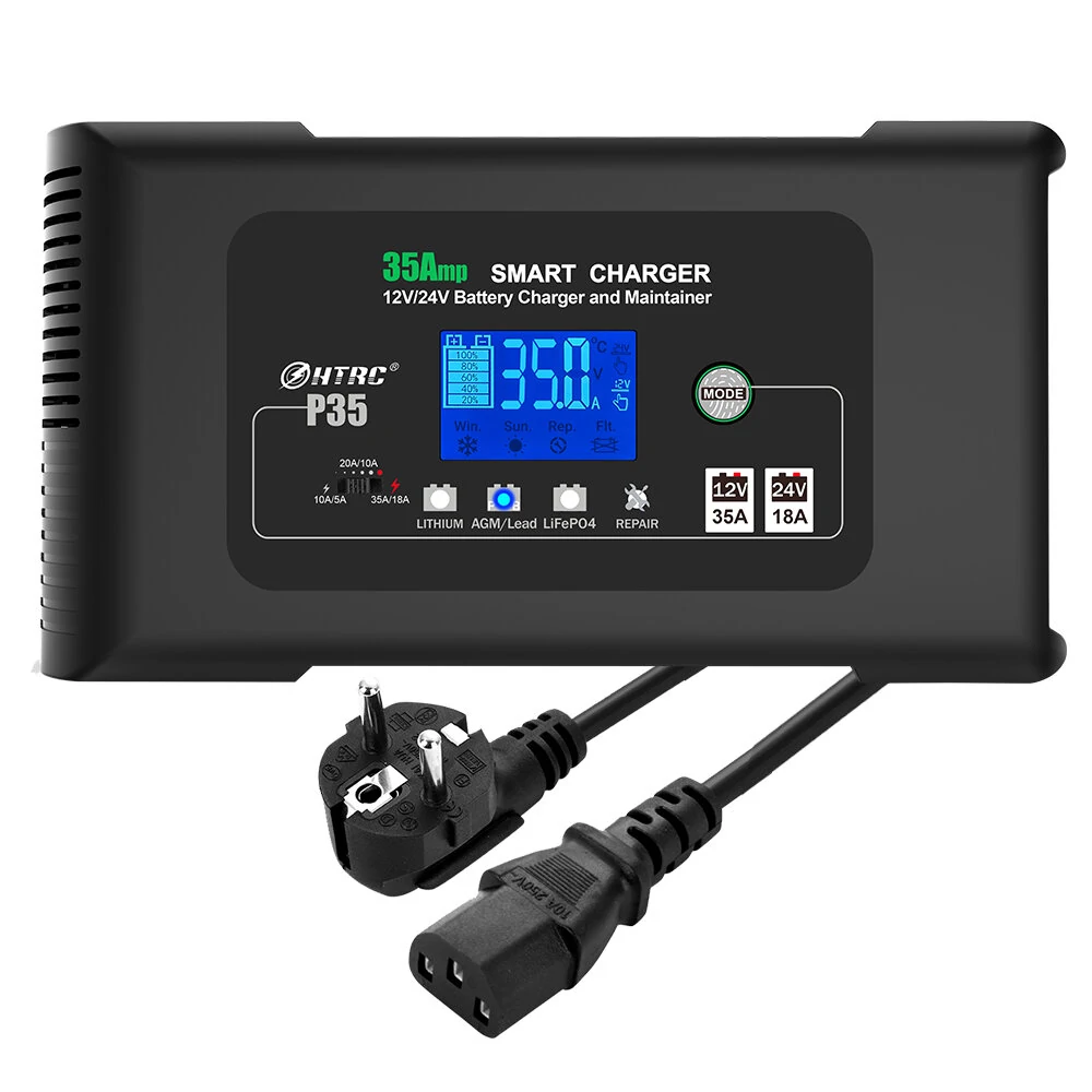 HTRC Large Power 35A 12V 24V Car Battery Charger for Moto Truck Motorcycle AGM Lead Acid PB GEL LCD Display Smart Charging — view 3