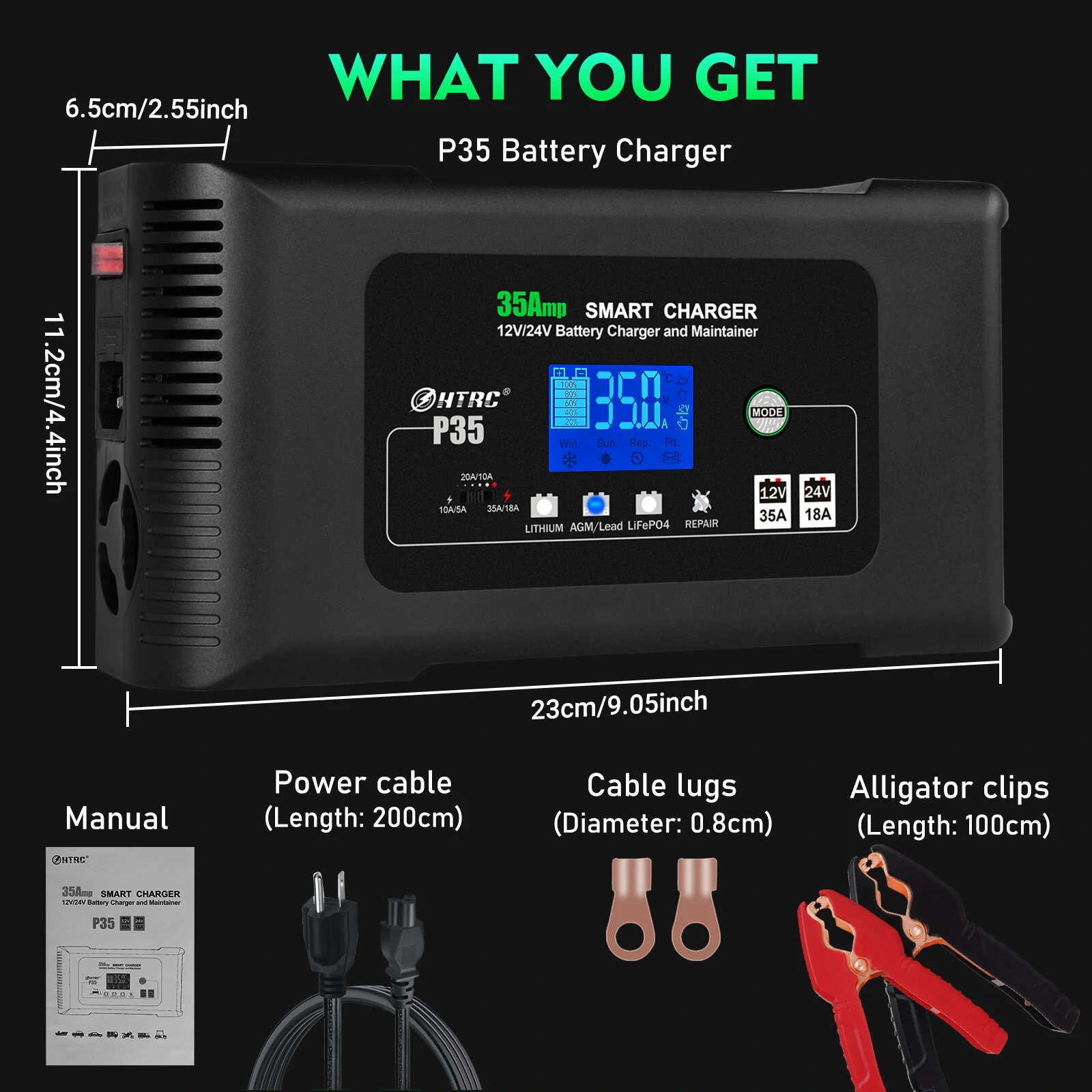 HTRC Large Power 35A 12V 24V Car Battery Charger for Moto Truck Motorcycle AGM Lead Acid PB GEL LCD Display Smart Charging — view 9