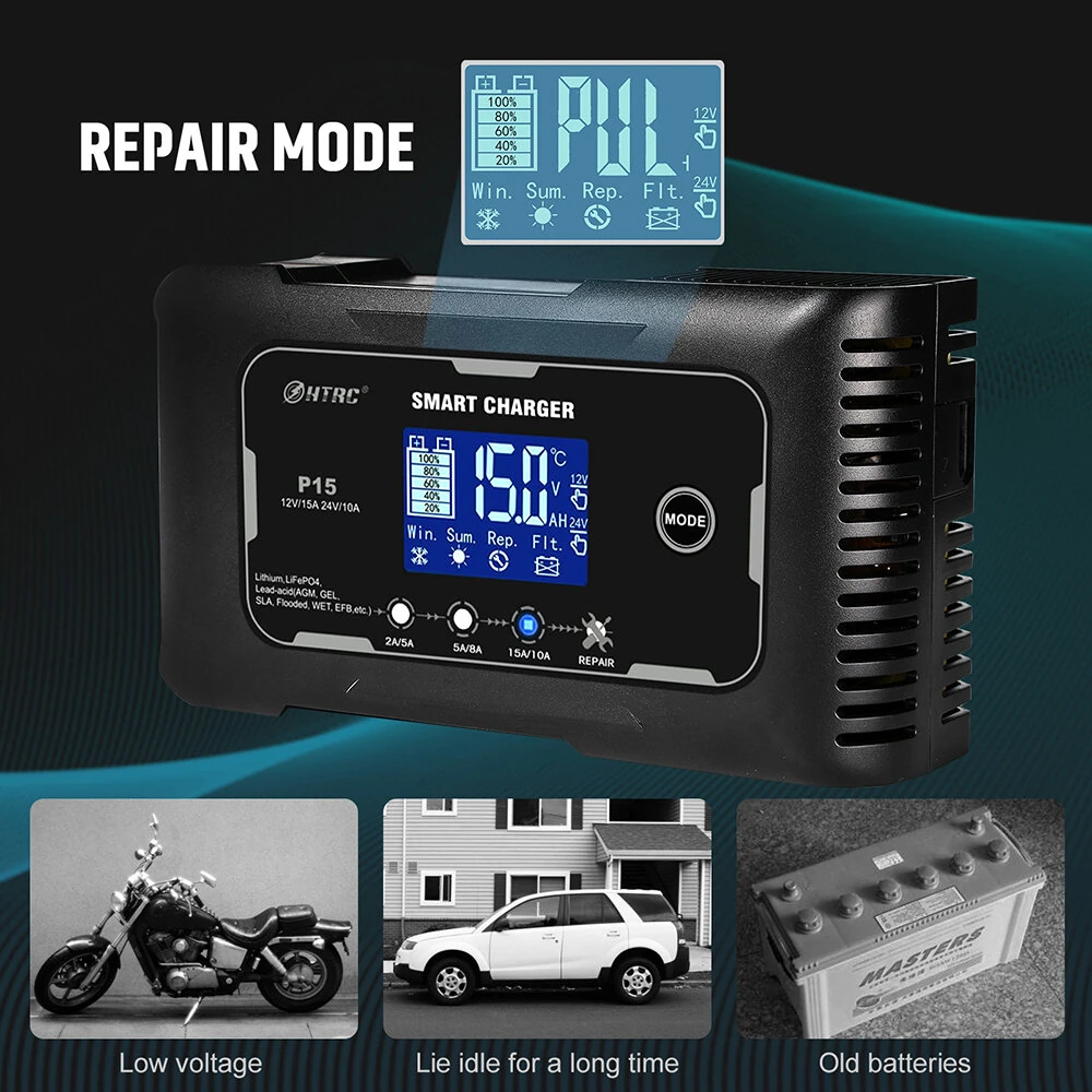 HTRC P15 12V/15A 24V/10A Car Motorcycle Battery Charger Lead-Acid Battery AGM Intelligent Repair Charger Overcurrent Protection Dual Mode Charging — view 7