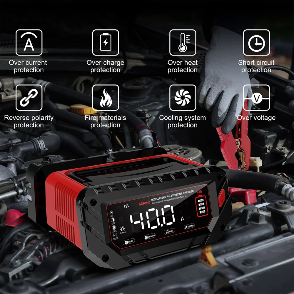 HTRC P40 40A  Battery Charger 6V 12V 24V Charger for Lithium LiFePO4 Lead-acid AGM GEL Battery 9-stage Car Motorcycle Charger — view 3