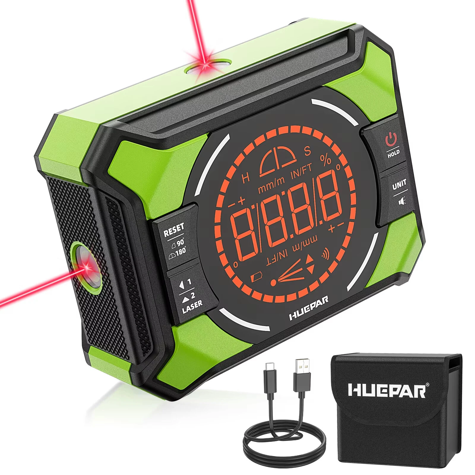 Huepar AG2L Digital Angle Gauge 3-in-1 Laser Level High Precision ±0.1° Magnetic Base Backlit LCD 650mAh Battery IP54 Waterproof