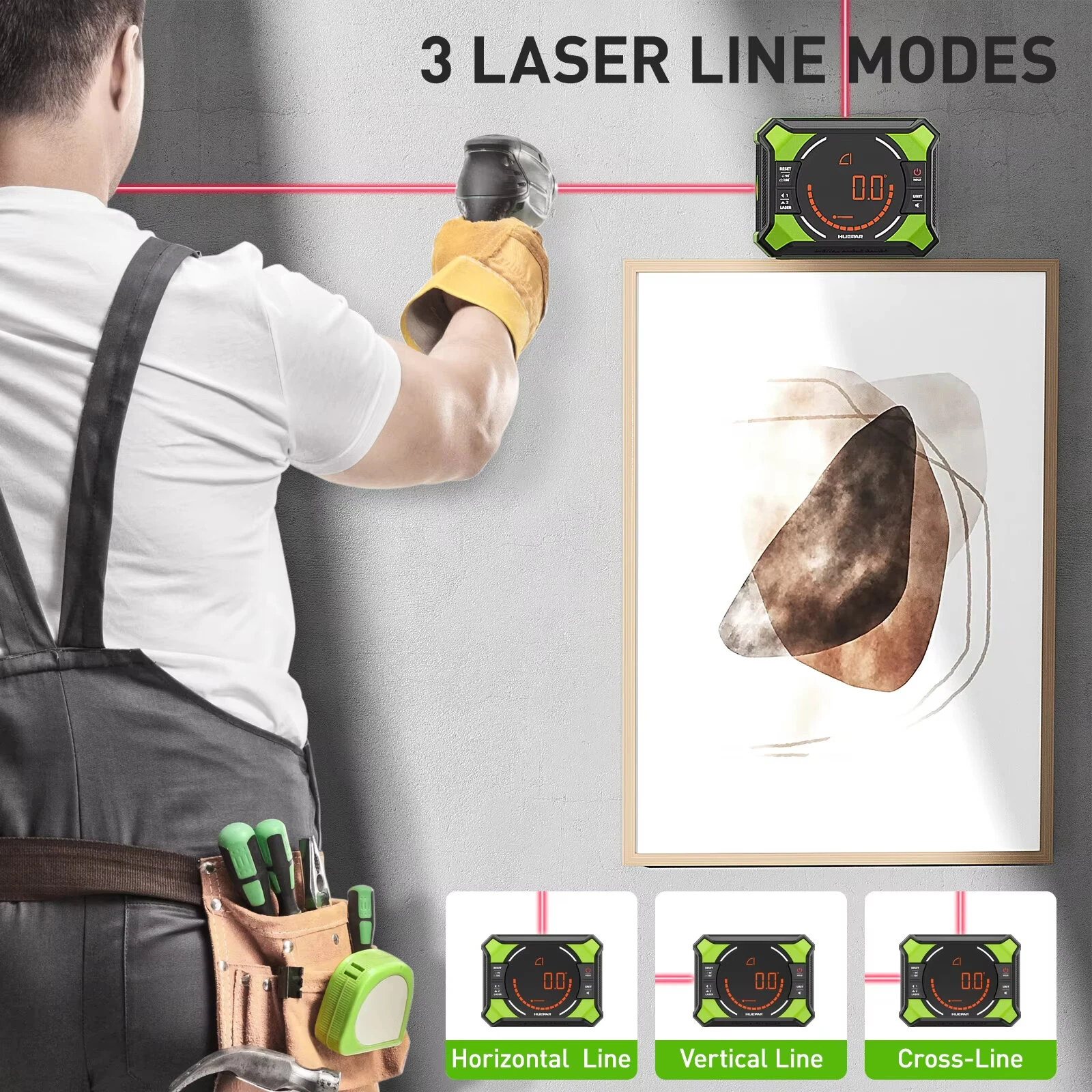 Huepar AG2L Digital Angle Gauge 3-in-1 Laser Level High Precision ±0.1° Magnetic Base Backlit LCD 650mAh Battery IP54 Waterproof — view 3