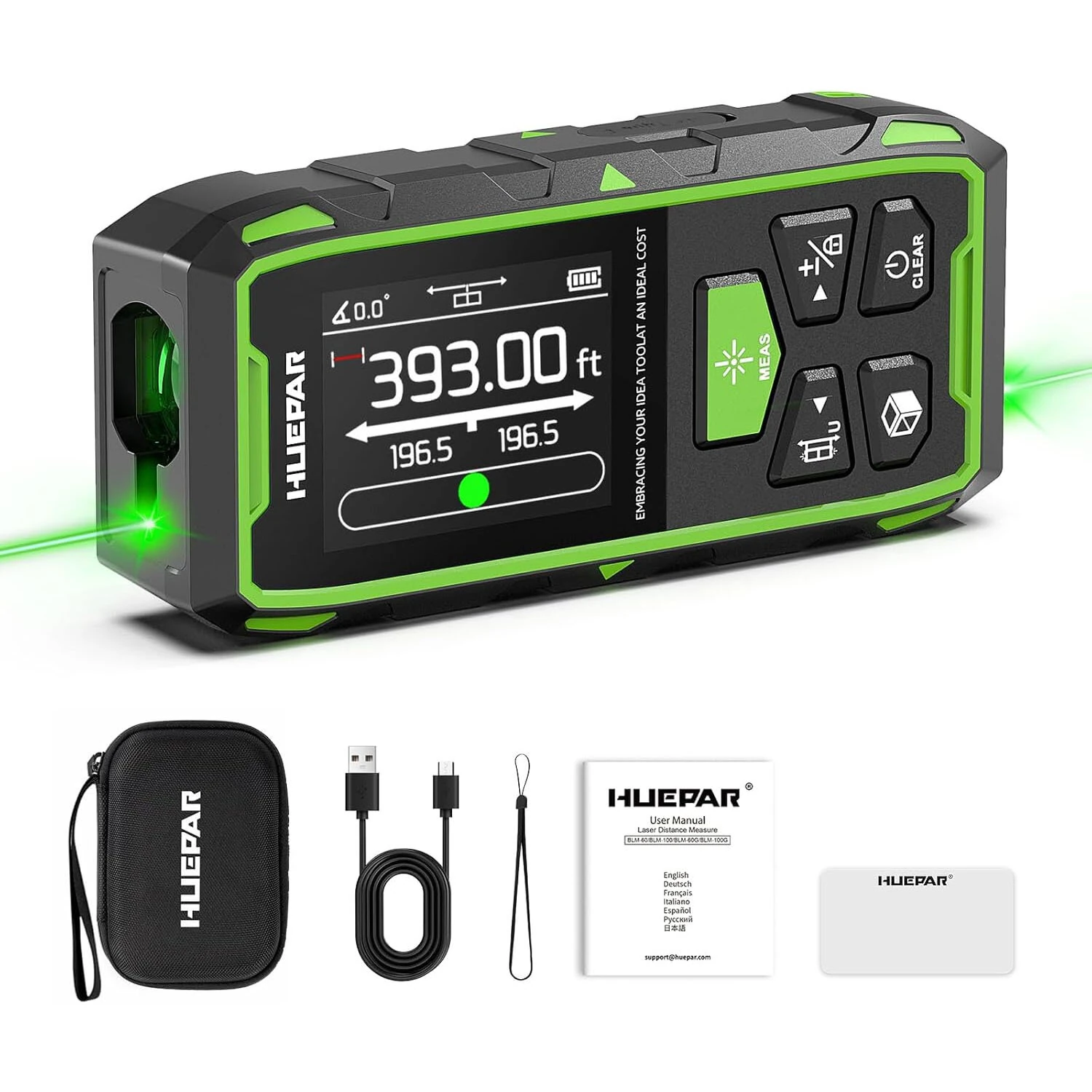 Huepar Dual Green Beam Laser Distance Meter Bidirectional Measuring Tool 393Ft 656Ft Rechargeable Backlit LCD 9 Modes Electronic Angle Sensor Accurate Measurement