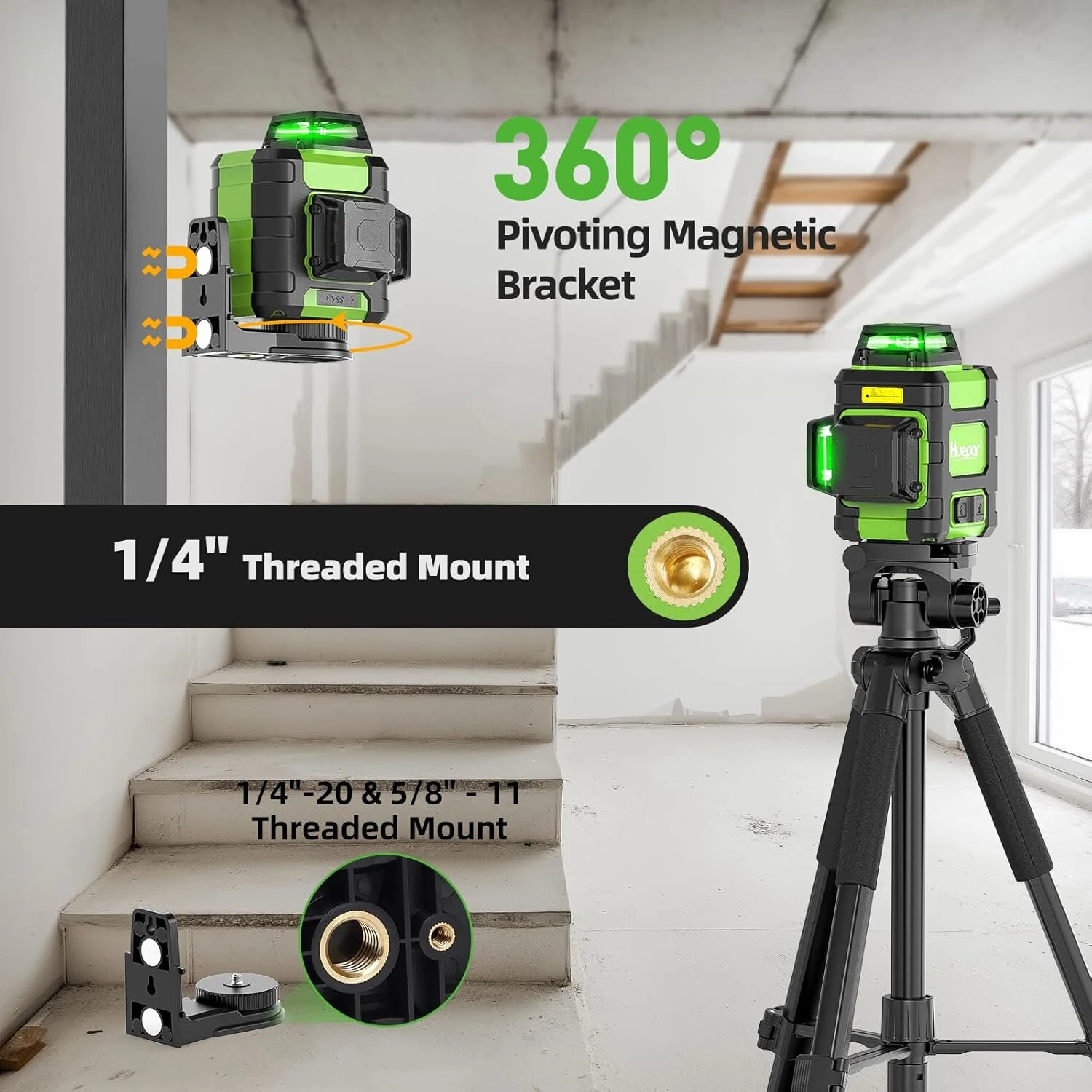 Huepar HM03CG Laser Level 3x360° Self Leveling Rechargeable Green Laser Cross Line 3D 12 lines Level Tool Magnetic Mount IP54 — view 4