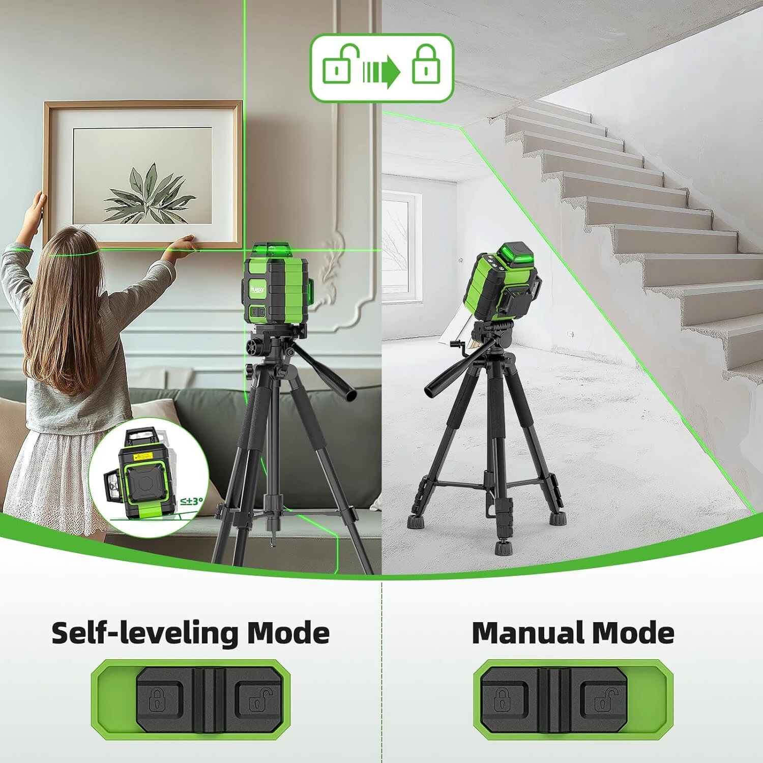 Huepar HM03CG Laser Level 3x360° Self Leveling Rechargeable Green Laser Cross Line 3D 12 lines Level Tool Magnetic Mount IP54 — view 6