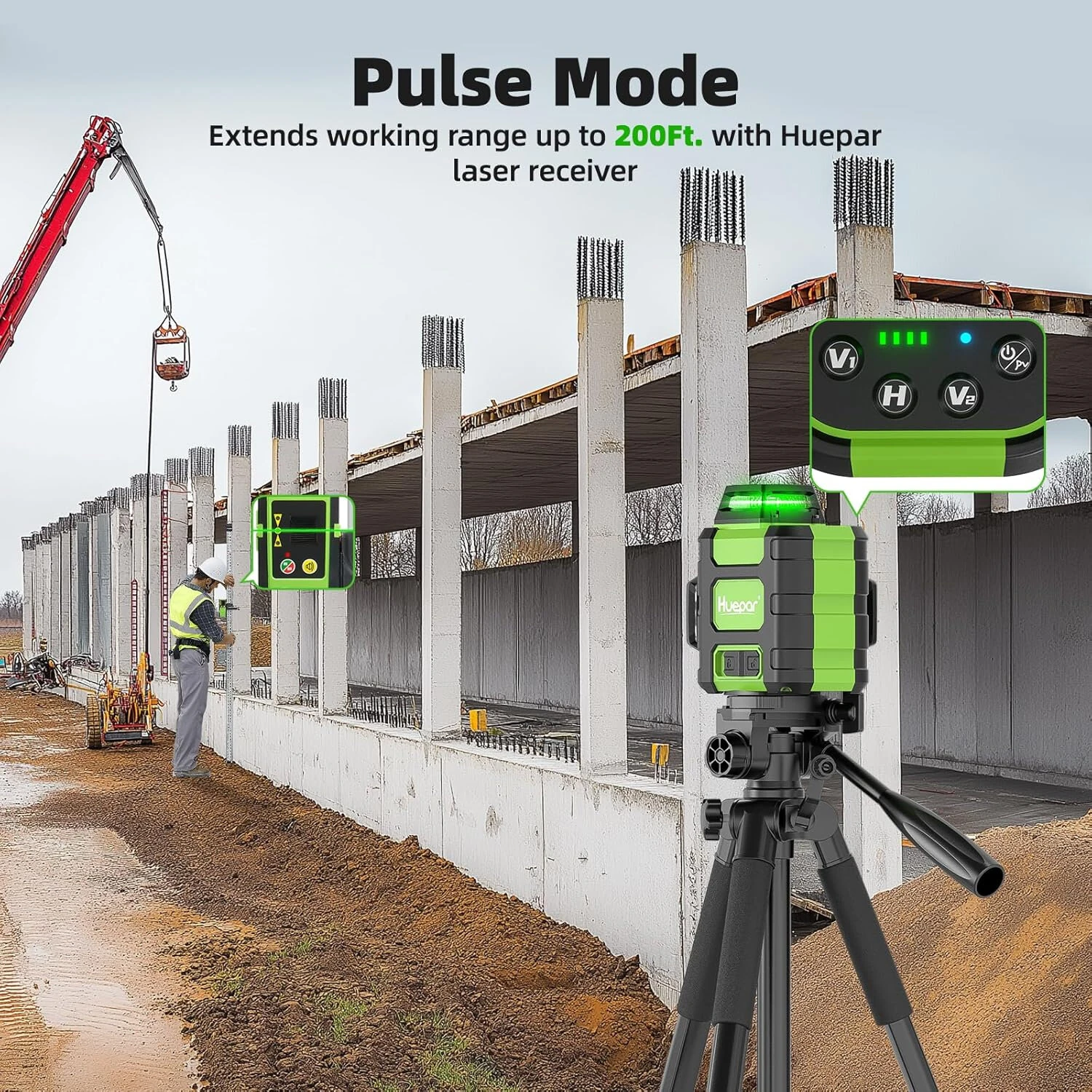 Huepar HM03CG Laser Level 3x360° Self Leveling Rechargeable Green Laser Cross Line 3D 12 lines Level Tool Magnetic Mount IP54 — view 7