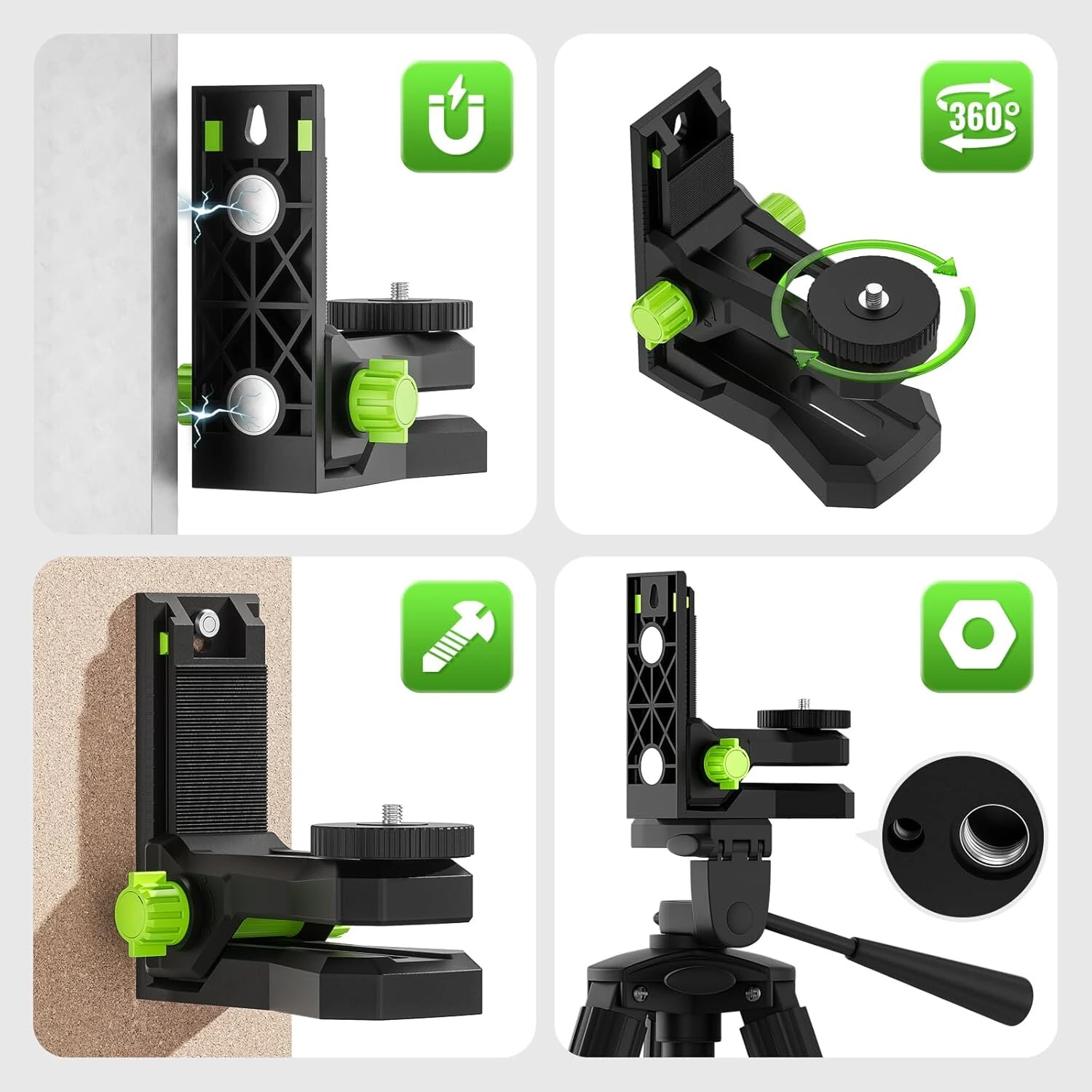 Huepar PV12 Fine-Tuning Magnetic Laser Level Bracket Wall mount L-Shape Pivoting Base with 360° Rotation 1/4"-20 & 5/8"-11 Mounts for Wall Tripod Use — view 3
