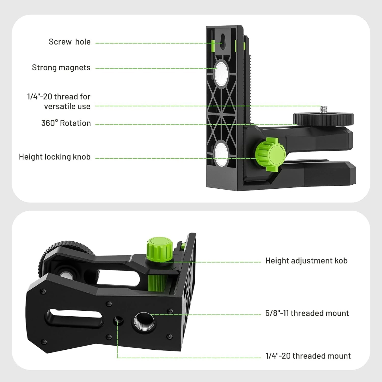 Huepar PV12 Fine-Tuning Magnetic Laser Level Bracket Wall mount L-Shape Pivoting Base with 360° Rotation 1/4"-20 & 5/8"-11 Mounts for Wall Tripod Use — view 7
