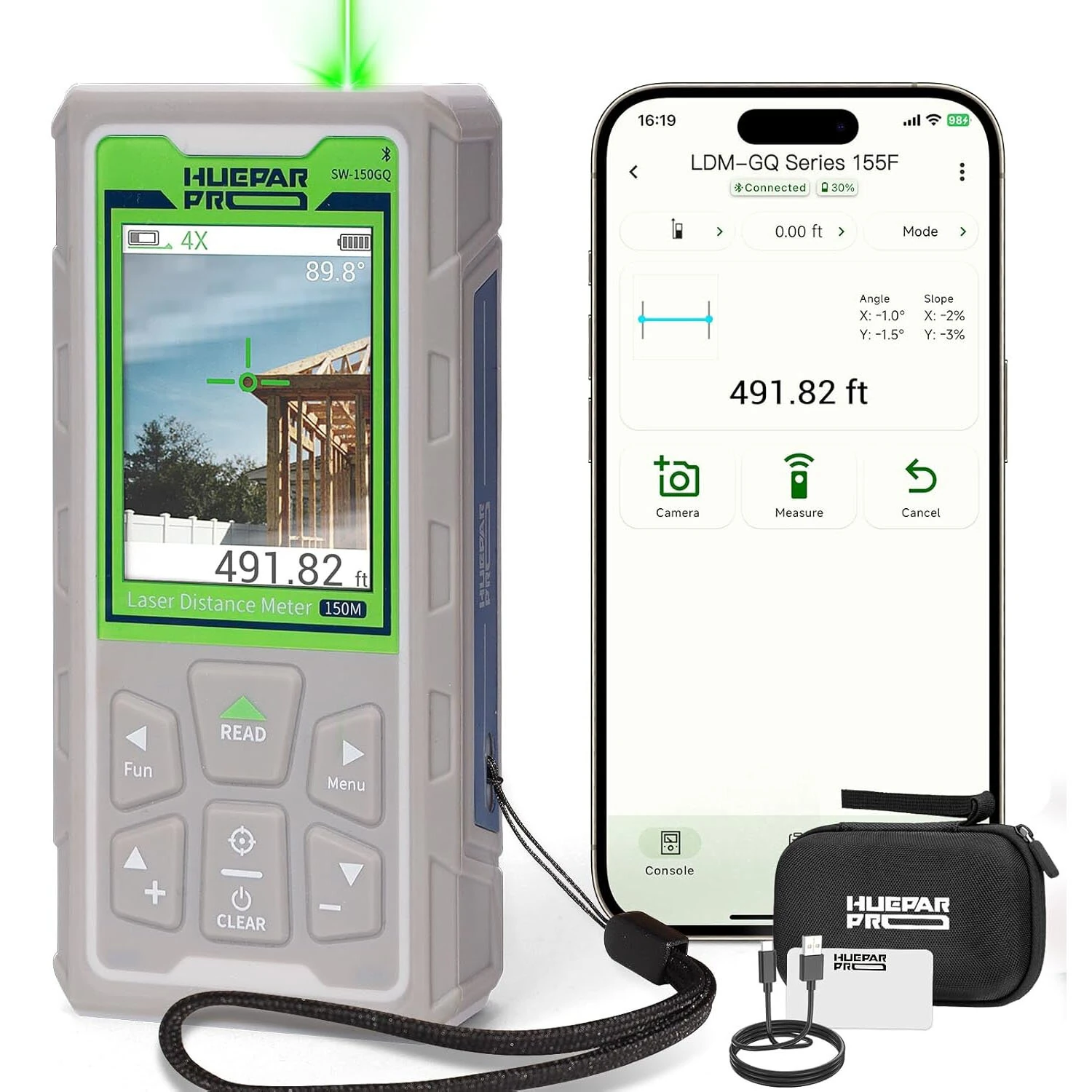Huepar SW-150GQ 150M Laser Measure with Camera 495Ft Outdoor Green Laser Distance Meter with Bluetooth P2P Technology IP68