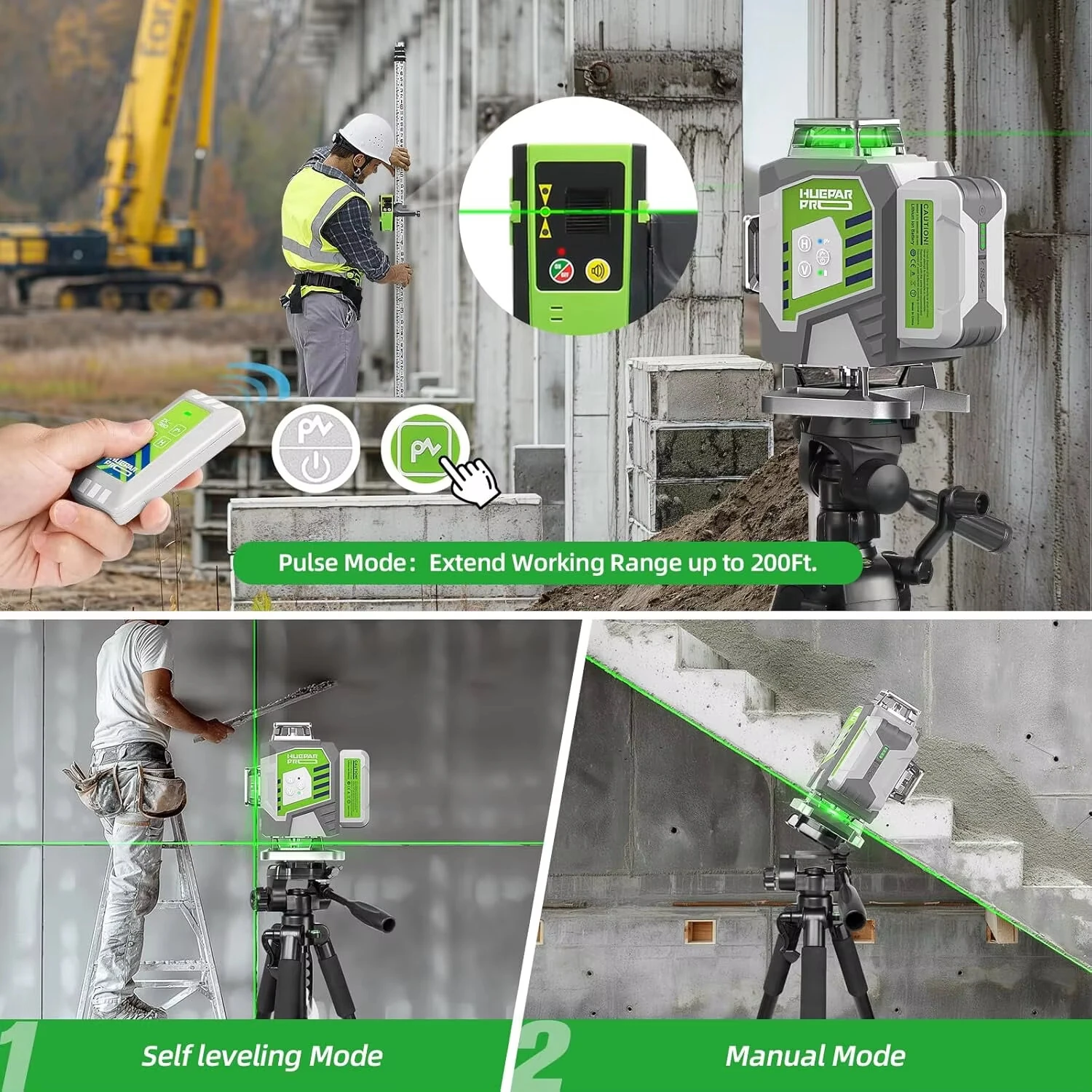 Huepar ZK04CG Green Laser Level 4x360 Self-Leveling ±2mm/10m Accuracy Rechargeable 8000mAh Battery IP54 Type-C Remote Control Easy Alignment Construction Tool — view 3