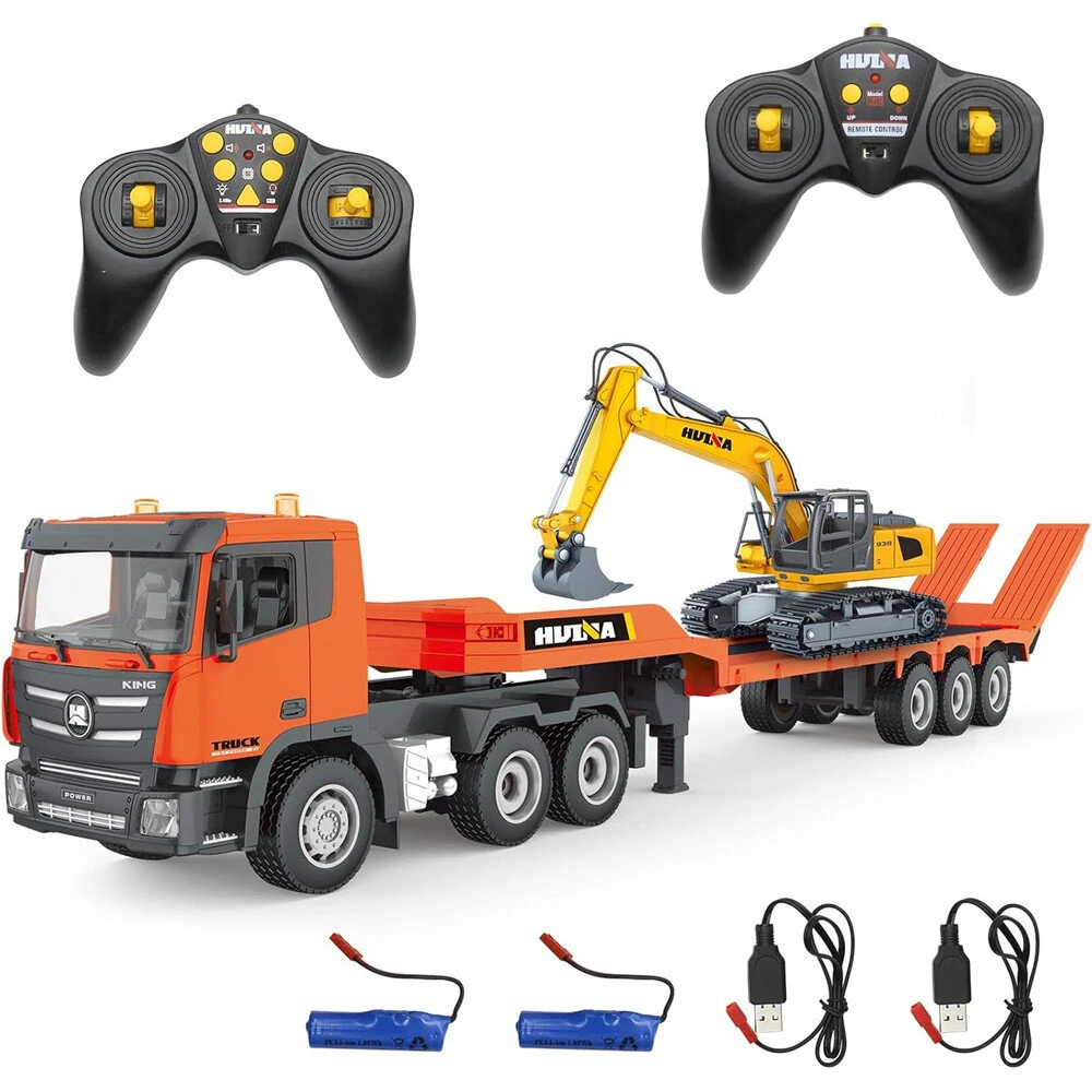 HuiNa Toys 1319 RTR 1/24 2.4G 9CH RC Car Excavator Flat Trailer Flatbed Semi Truck Remote Control Simulation Sound LED Light Engineering Construction Vehicles Models Children's Birthday Gift for Boys — image 1
