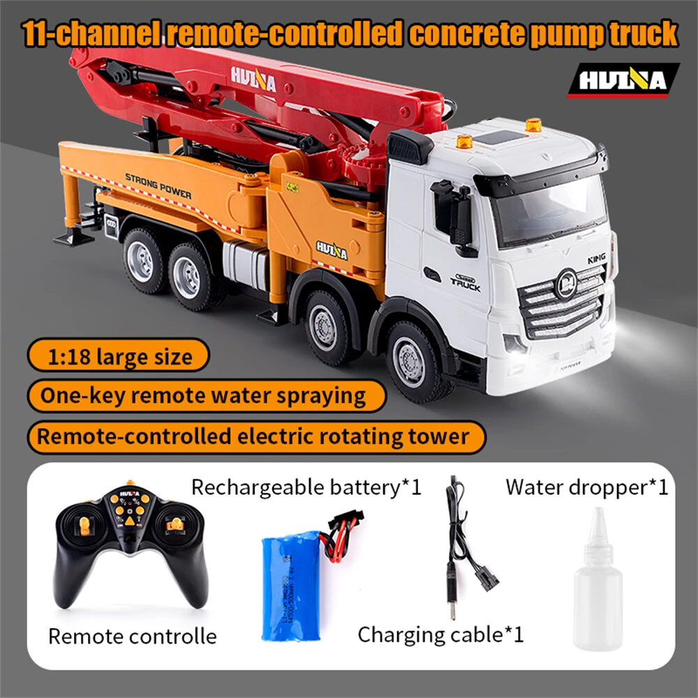 HuiNa Toys 1381 RTR 1/18 2.4G 11CH RC Car Alloy Concrete Cement Pump Truck One-Button Water Spray LED Light Sound  Engineering Construction Remote Control Vehicles Models Kids Children's Toy — view 10