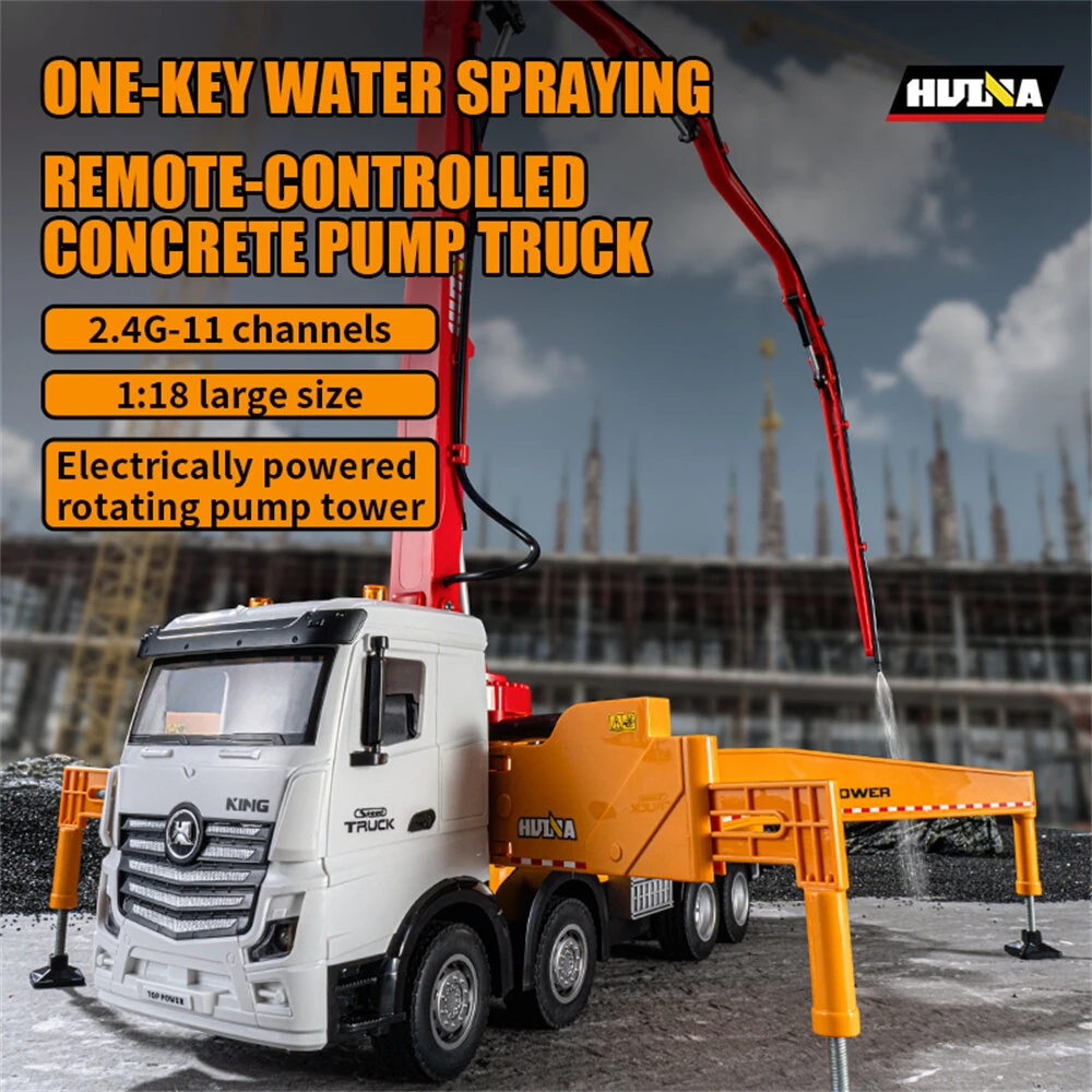 HuiNa Toys 1381 RTR 1/18 2.4G 11CH RC Car Alloy Concrete Cement Pump Truck One-Button Water Spray LED Light Sound  Engineering Construction Remote Control Vehicles Models Kids Children's Toy — view 4