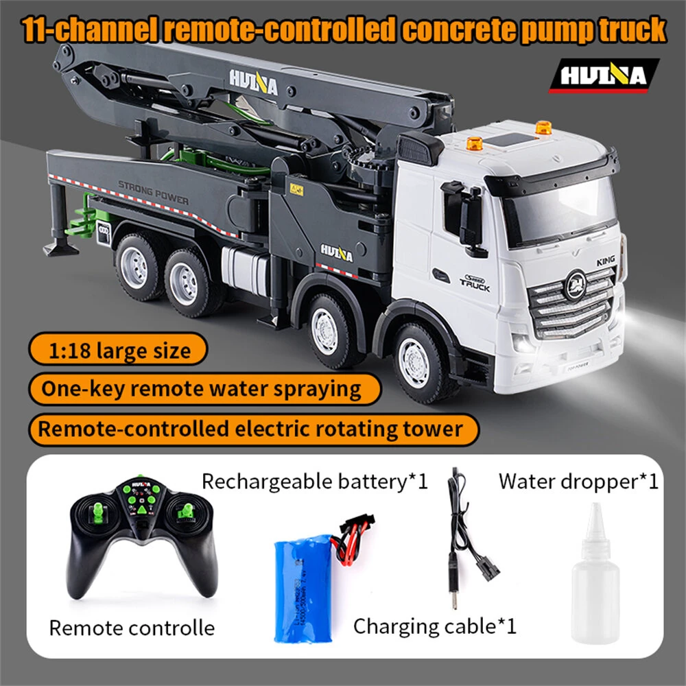 HuiNa Toys 1381 RTR 1/18 2.4G 11CH RC Car Alloy Concrete Cement Pump Truck One-Button Water Spray LED Light Sound  Engineering Construction Remote Control Vehicles Models Kids Children's Toy — view 9