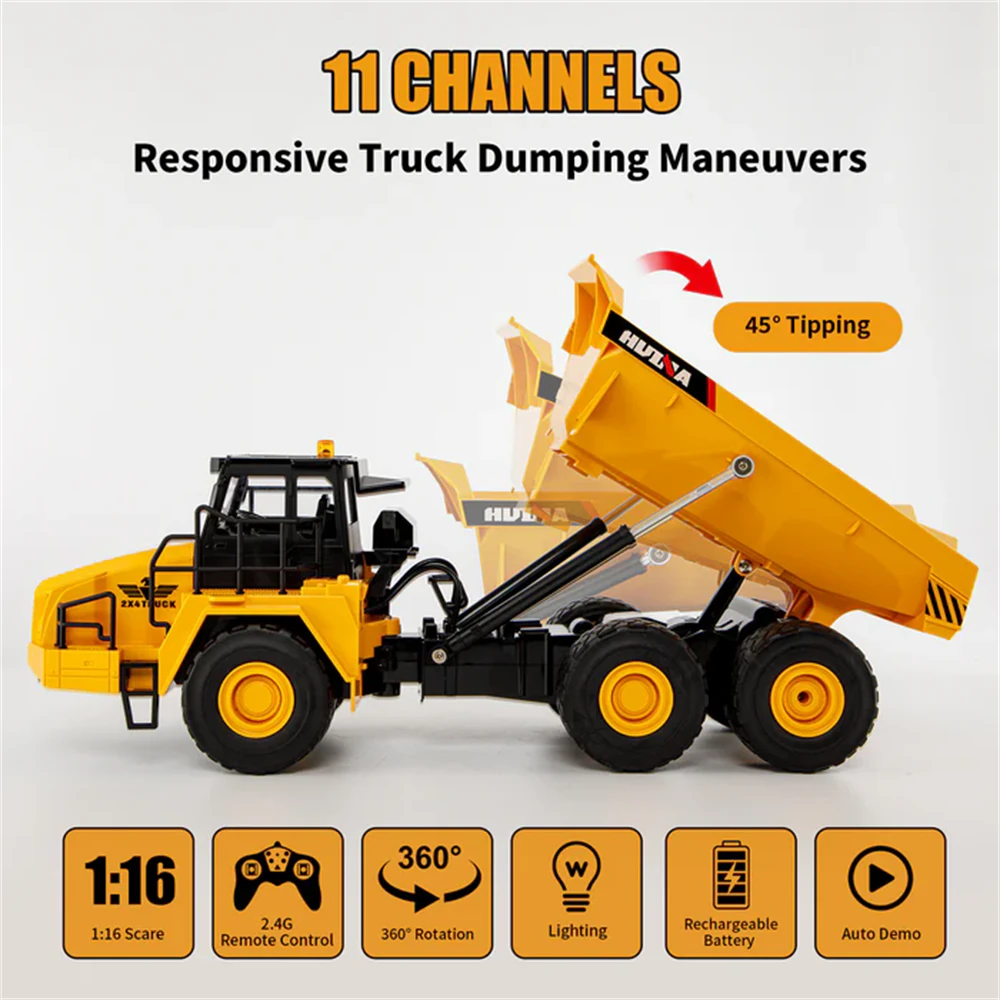 Huina Toys 1553 RTR 1/16 2.4G 11CH RC Car Dump Truck LED Light 360° Rotation Alloy Cab Engineering Remote Control Vehicles Desktop Model Collection Gift For Boys — view 4