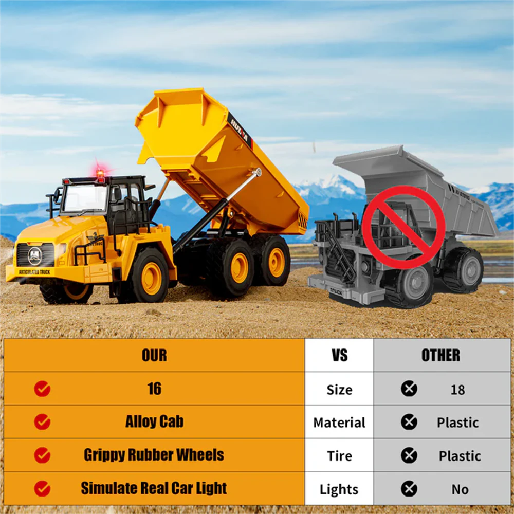 Huina Toys 1553 RTR 1/16 2.4G 11CH RC Car Dump Truck LED Light 360° Rotation Alloy Cab Engineering Remote Control Vehicles Desktop Model Collection Gift For Boys — view 6