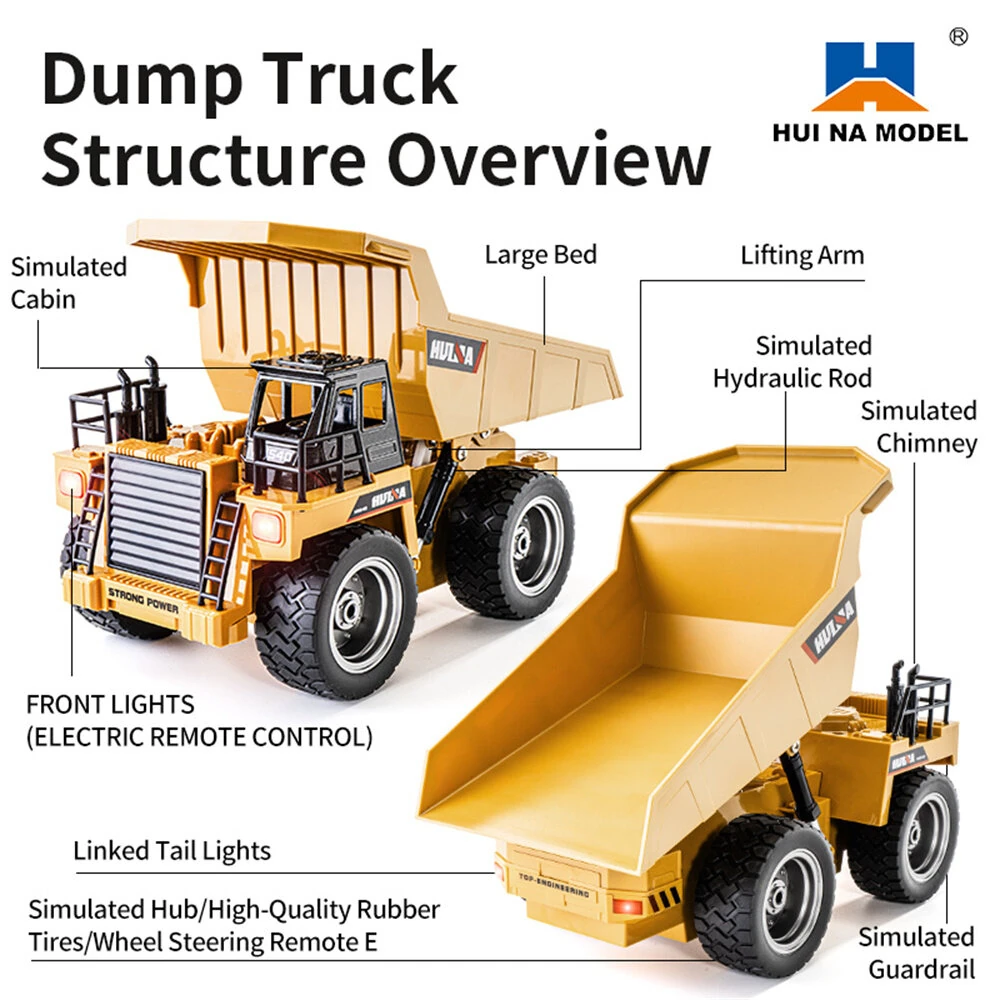 Huina Toys RTR 1534 1/18 2.4G 9CH RC Car Dump Truck Alloy Bucket Cabin LED Light Engineering Remote Control Simulation Construction Vehicles Models Children Kids Gifts — view 5