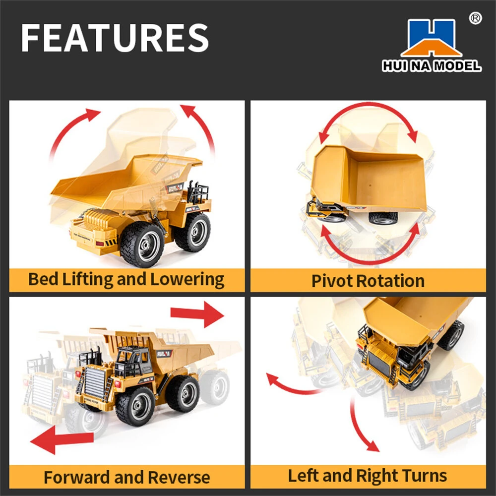Huina Toys RTR 1534 1/18 2.4G 9CH RC Car Dump Truck Alloy Bucket Cabin LED Light Engineering Remote Control Simulation Construction Vehicles Models Children Kids Gifts — view 6