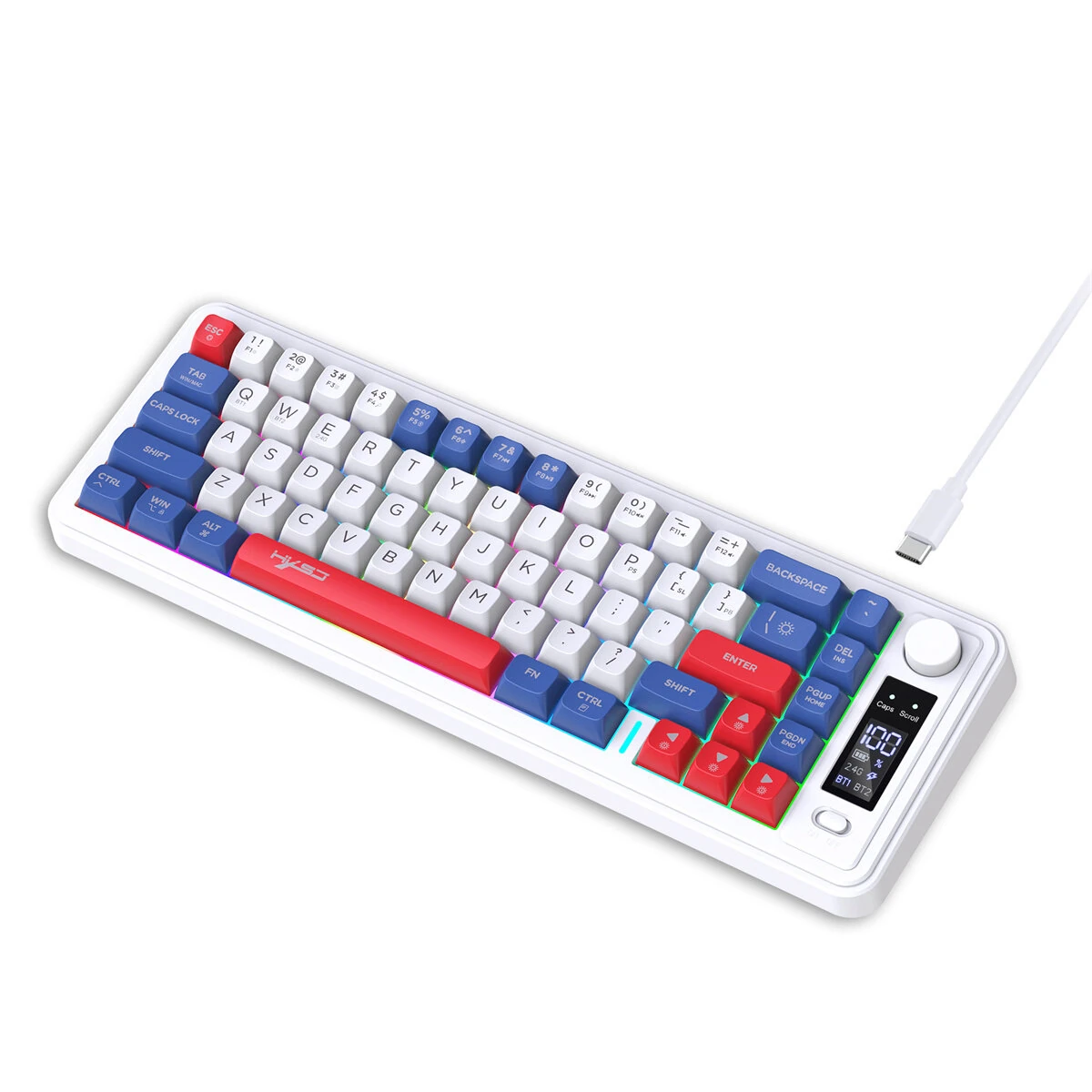 HXSJ L68 Three-Mode Wireless Gaming Keyboard with Display Screen and Multimedia Knob 68-keys RGB Light 2000mAh Battery Type-C Rechargeable 2.4G/BT1/BT2 Wireless Membrane Keyboards for PC Laptop Computer — view 5