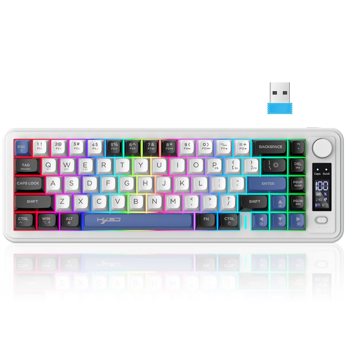 HXSJ L68 Three-Mode Wireless Gaming Keyboard with Display Screen and Multimedia Knob 68-keys RGB Light 2000mAh Battery Type-C Rechargeable 2.4G/BT1/BT2 Wireless Membrane Keyboards for PC Laptop Computer — view 7