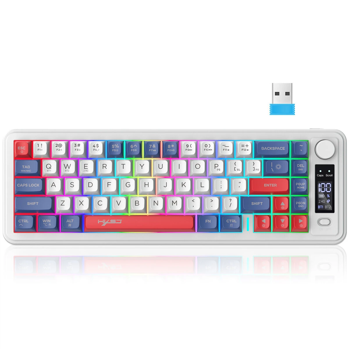HXSJ L68 Three-Mode Wireless Gaming Keyboard with Display Screen and Multimedia Knob 68-keys RGB Light 2000mAh Battery Type-C Rechargeable 2.4G/BT1/BT2 Wireless Membrane Keyboards for PC Laptop Computer — view 8