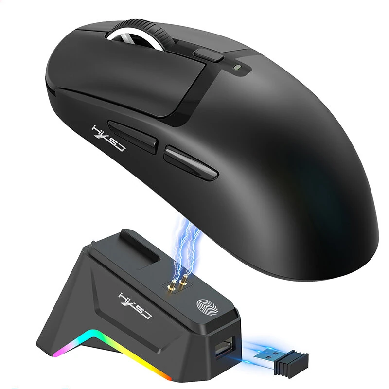 HXSJ T10 Three-mode Wireless Gaming Mouse with RGB Charging Dock S205 Sensor 12000DPI 1KHz Report Rate 58g Lightweight 6-Keys Programmable Gamer Mice for PC Laptop Computer — HXSJ