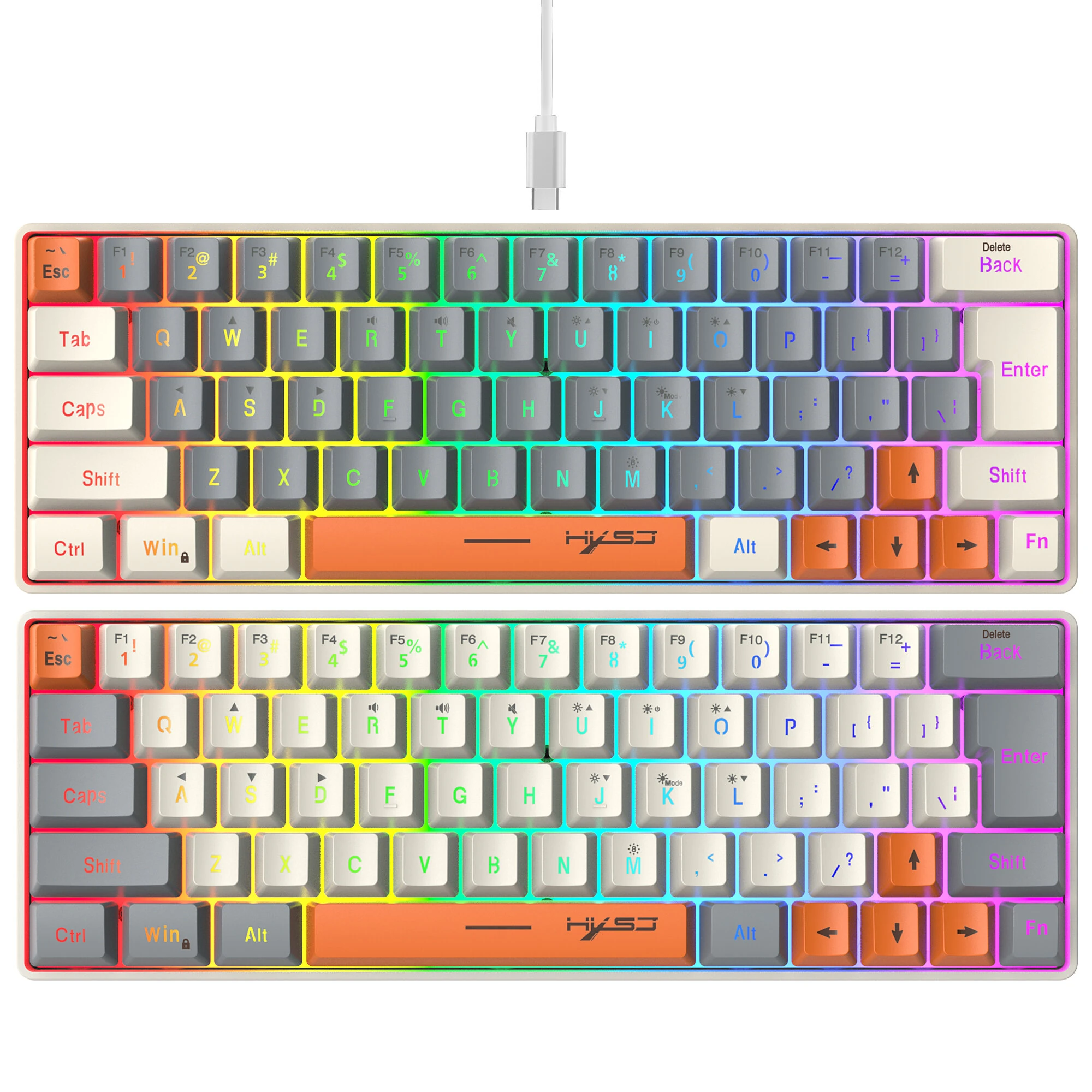 HXSJ V400 63-Keys Wired Membrane Gaming Keyboard Mechanical Feeling RGB Backlit Ergonomics Design USB-C Wired Gamer Keyboards for PC Laptop Computer — HXSJ