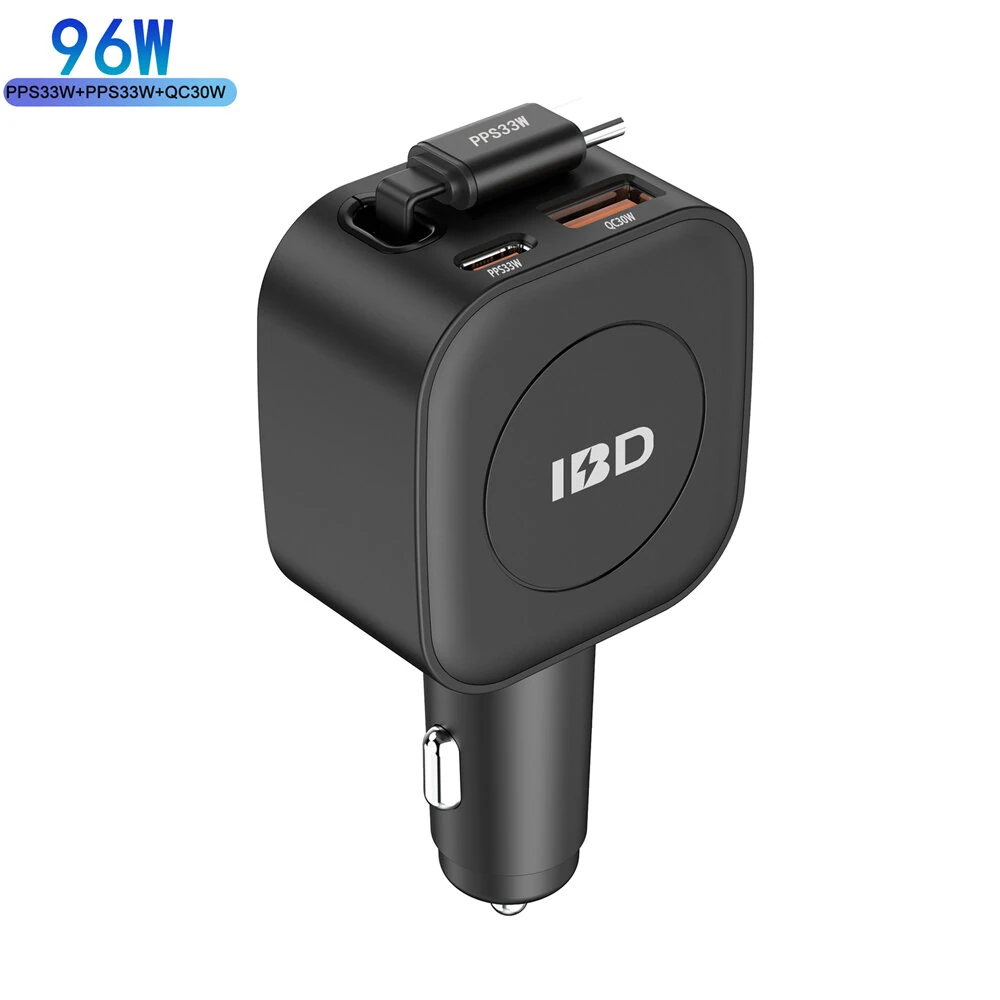 IBD 3 in 1 Multi-Port 96W Car Charger with Retractable Cable Fast Charging Type C PD30W USB QC30W PPS33W for for iPhone Galaxy Tablet