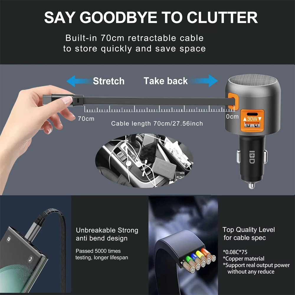 IBD IBD-358 1U2C 75W Multi-Port Car Charger with Retractable Cable Fast Charging for iPhone Phone Laptop — view 6