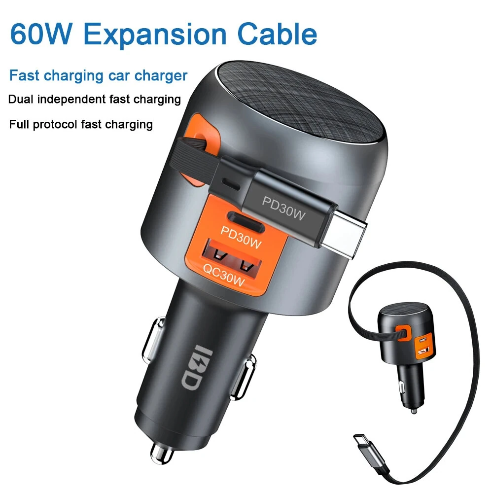 IBD IBD358 1U2C 60W PD30w QC30W 3-in-1 USB Car Charger Retractable Cable Multi-Port Fast Charging USB Type C Charger for Mobile Phone — IBD