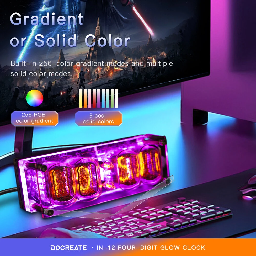 IN-12 Glowing Clock 4-bit Retro LED Clock 4 Dials Colorful LED Display with Tube Desktop Accessories — view 3