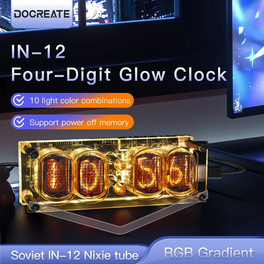 IN-12 Glowing Clock 4-bit Retro LED Clock 4 Dials Colorful LED Display with Tube Desktop Accessories — view 5
