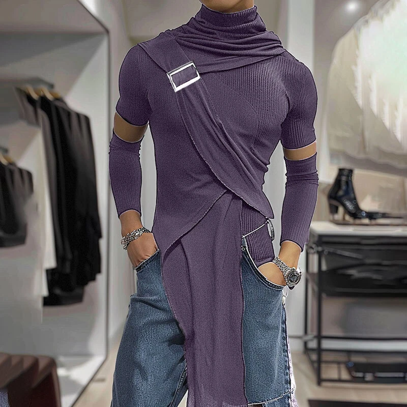 INCERUN Deconstructed Design Solid Color T-Shirt Fashion High Neck Truncated Long Sleeves High Stretch Top for Men — view 2