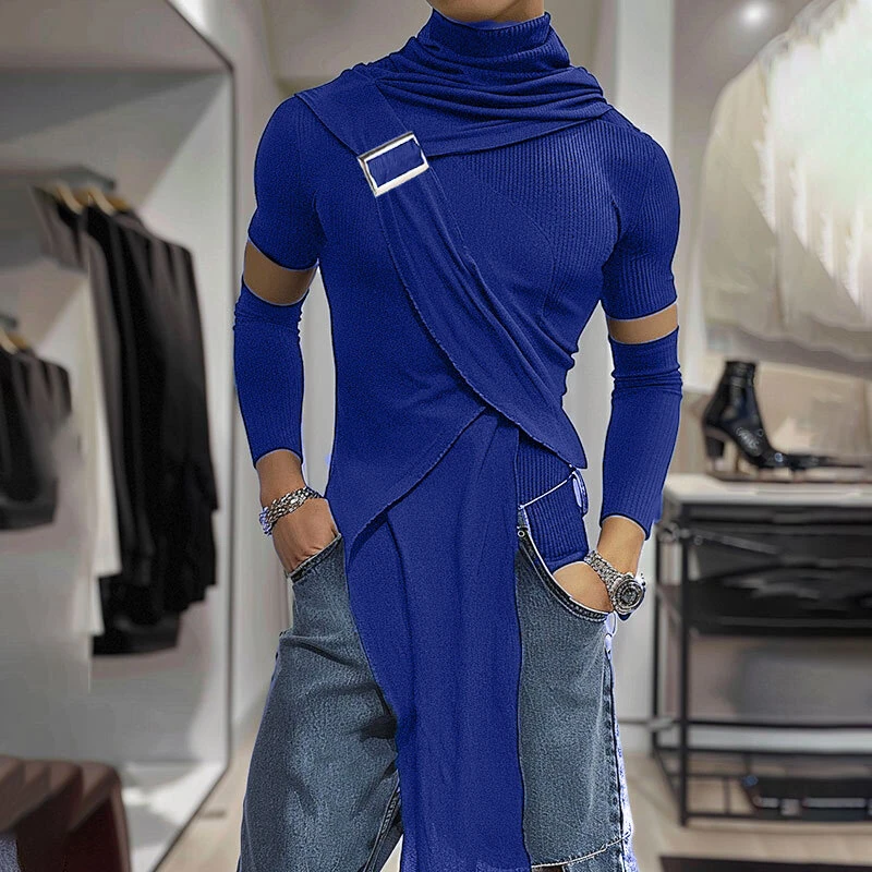 INCERUN Deconstructed Design Solid Color T-Shirt Fashion High Neck Truncated Long Sleeves High Stretch Top for Men — view 3