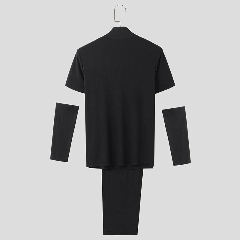 INCERUN Deconstructed Design Solid Color T-Shirt Fashion High Neck Truncated Long Sleeves High Stretch Top for Men — view 5