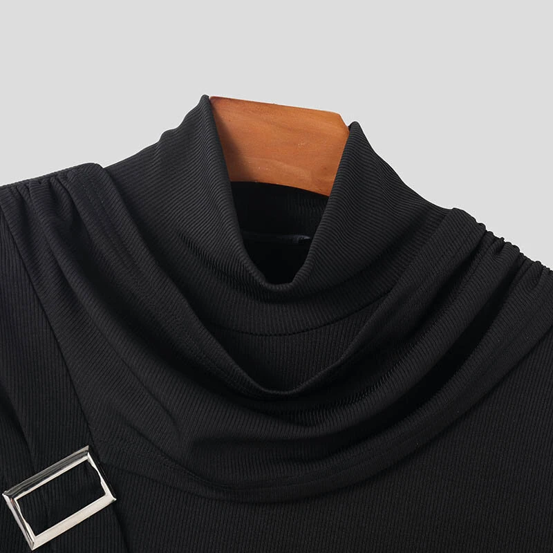 INCERUN Deconstructed Design Solid Color T-Shirt Fashion High Neck Truncated Long Sleeves High Stretch Top for Men — view 6