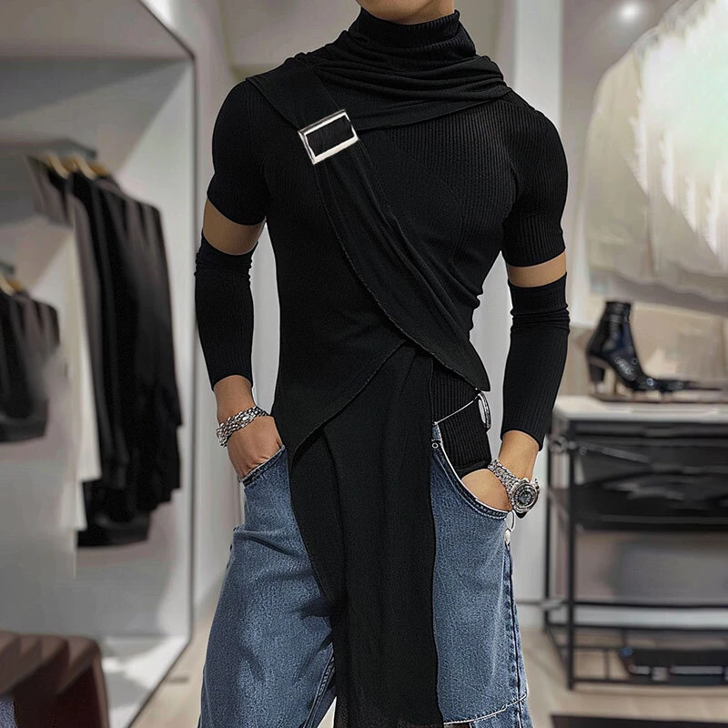 INCERUN Deconstructed Design Solid Color T-Shirt Fashion High Neck Truncated Long Sleeves High Stretch Top for Men — view 9