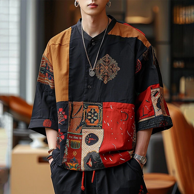 INCERUN Ethnic Style Mens Shirt, Mid-length Sleeve Stand Collar Loose Casual Shirt For Men Daily Vacation Streetwear — INCERUN