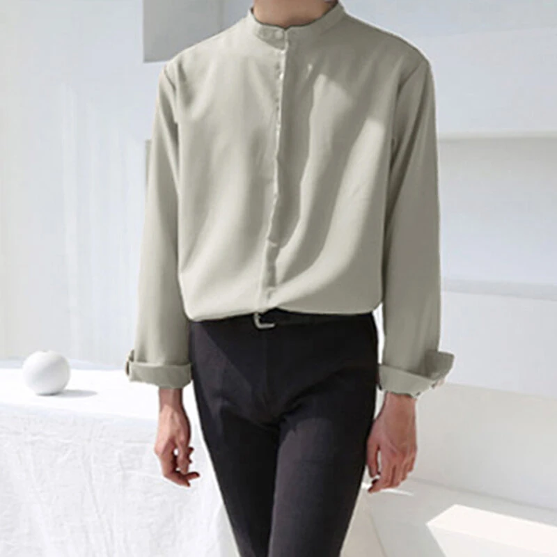 INCERUN Men Breathable Stand-up Collar Silky Solid Color Shirts — view 4
