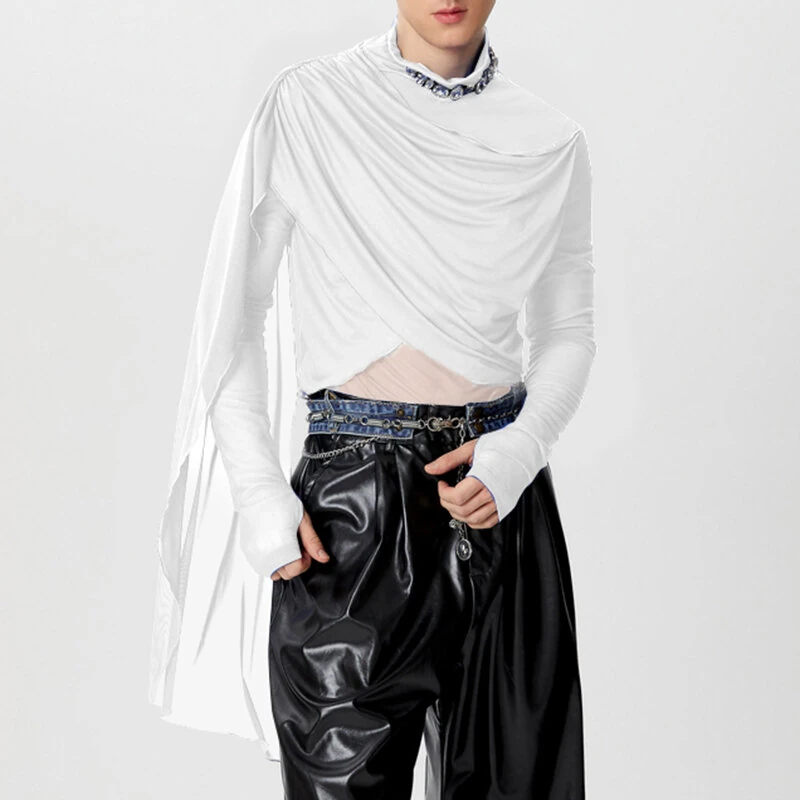 INCERUN Men Cross-Deconstructed Ribbon Design Long Sleeve Top T-shirts Fashion Solid Color See-through High Stretch Clothing for Men — view 5