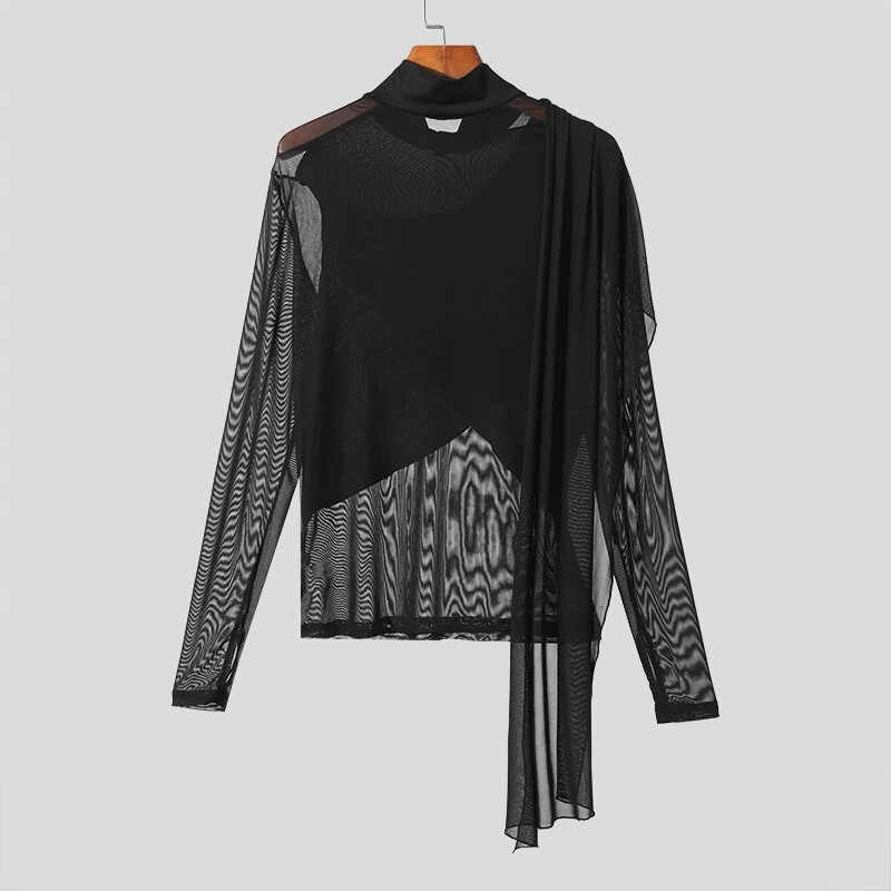 INCERUN Men Cross-Deconstructed Ribbon Design Long Sleeve Top T-shirts Fashion Solid Color See-through High Stretch Clothing for Men — view 7